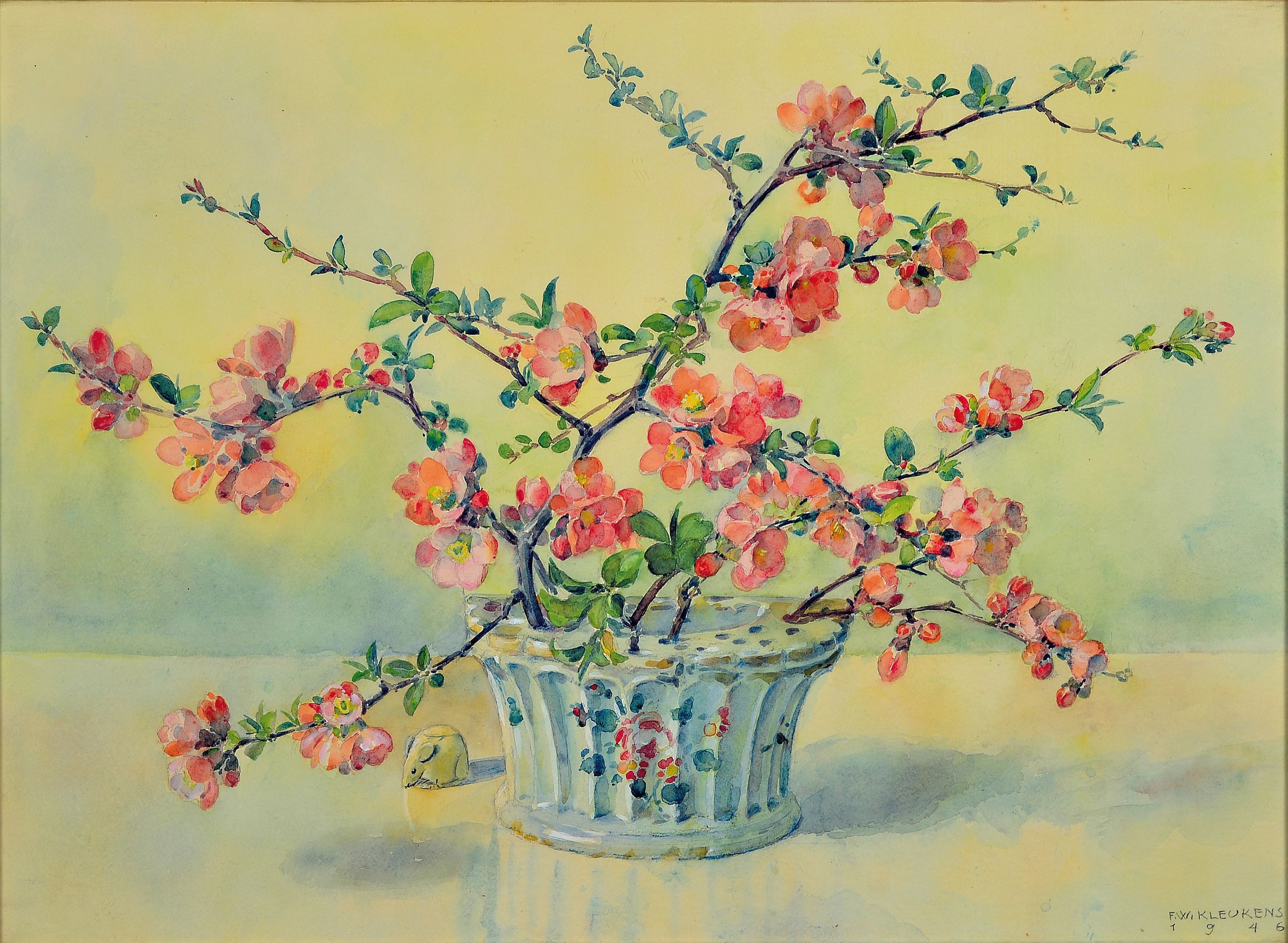 Friedrich Wilhelm Kleukens, 1878-1956, Stillleben mit rotblühenden Zweigen in einer Steckvase und einer kleinen Maus, Aquarell auf Papier, rechts ...