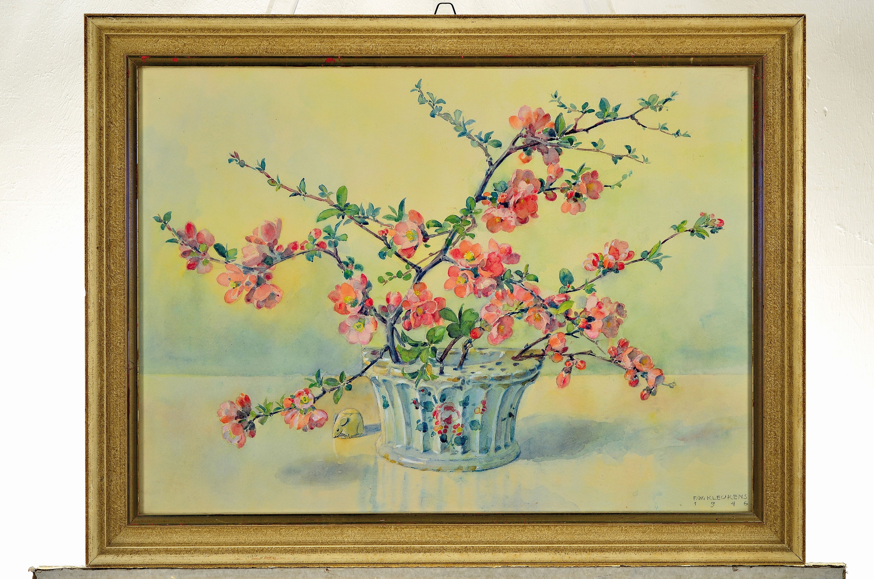 Detail k: Friedrich Wilhelm Kleukens, 1878-1956, Stillleben mit rotblühenden Zweigen in einer Steckvase und einer kleinen Maus, Aquarell auf Papier, rechts ...