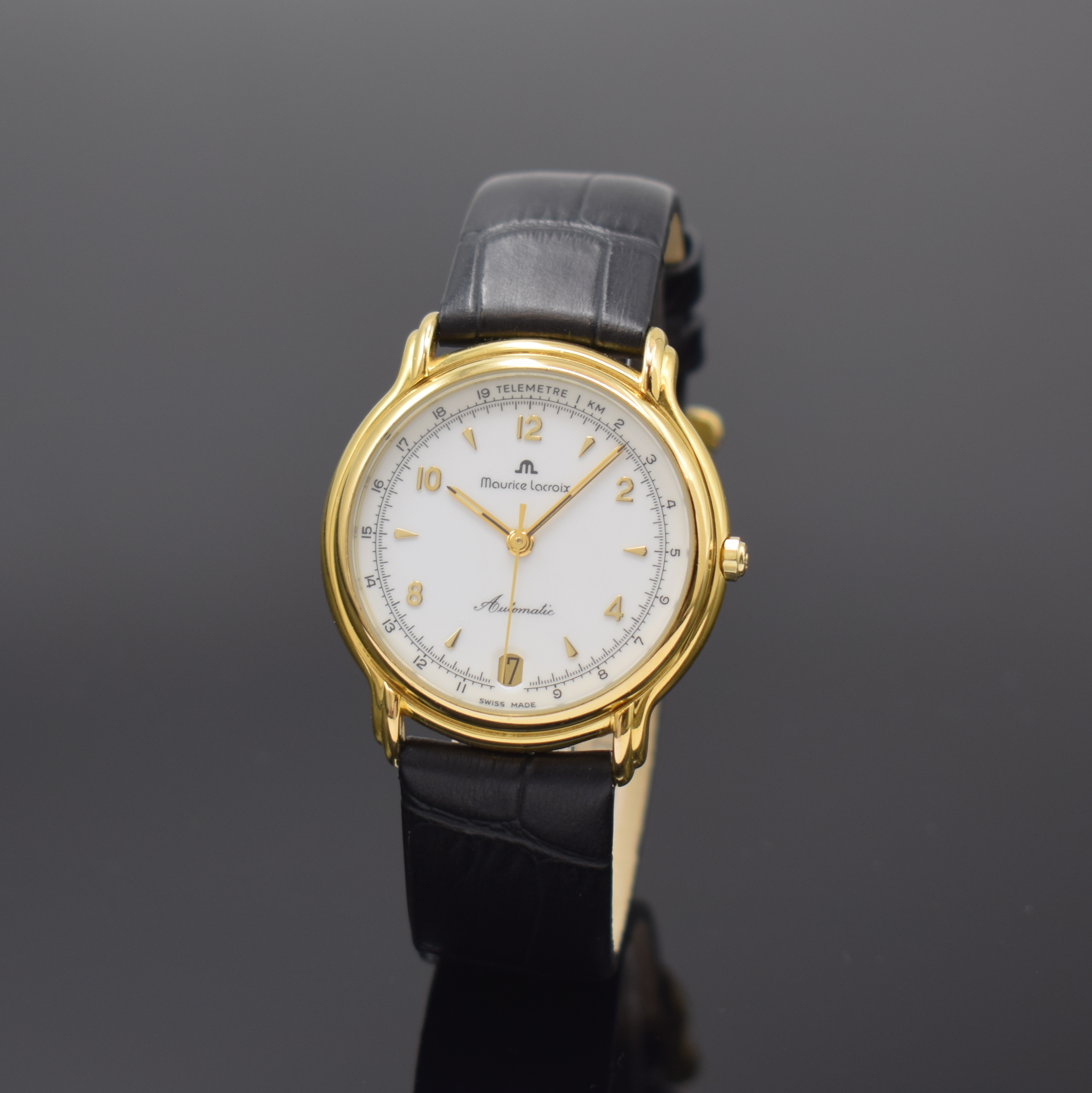 MAURICE LACROIX elegante Armbanduhr mit Telemeterskala, Schweiz um 1990, Automatik, verg., beids. vergl. Geh., Boden aufgedr., weißes Zifferbl., ...