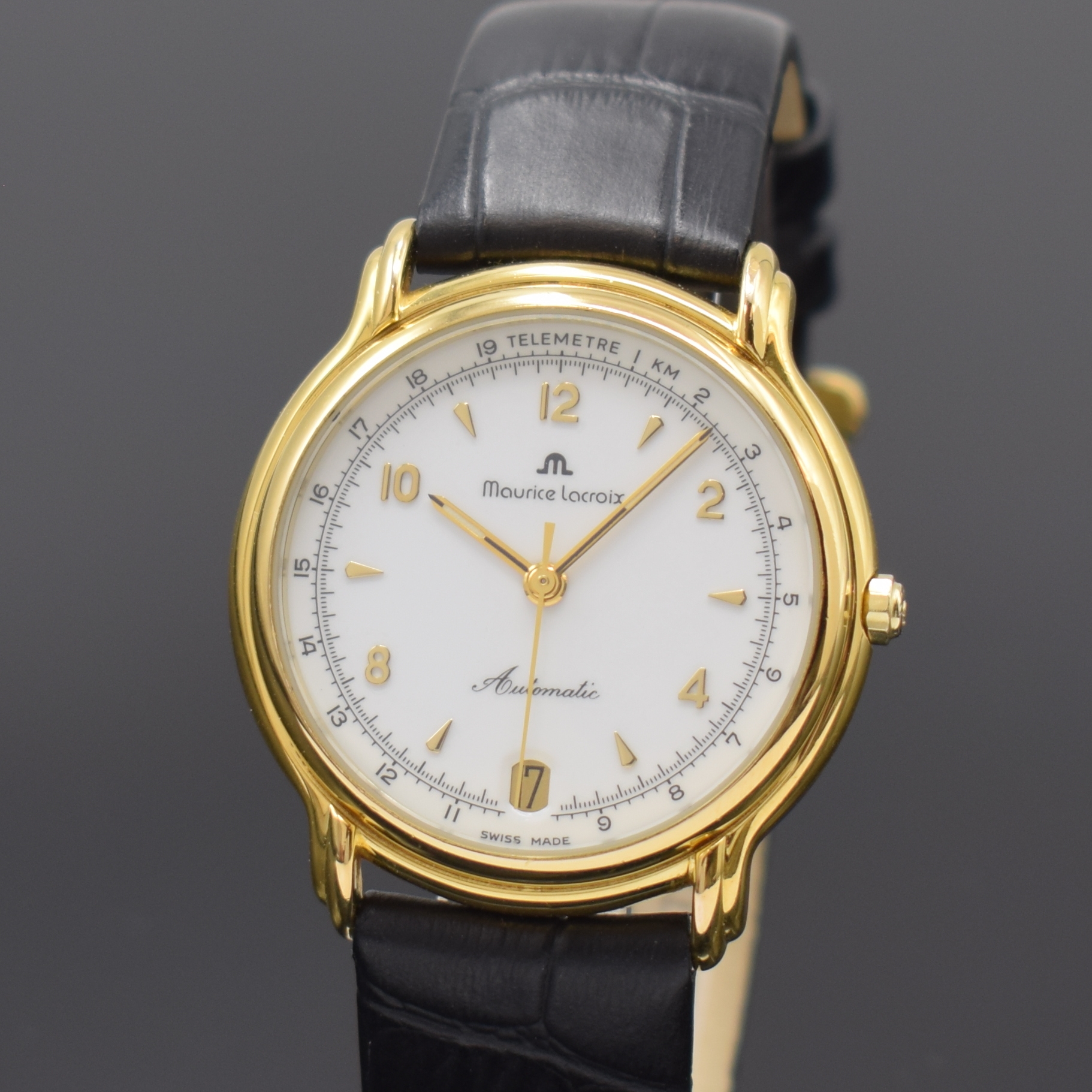 Detail a: MAURICE LACROIX elegante Armbanduhr mit Telemeterskala, Schweiz um 1990, Automatik, verg., beids. vergl. Geh., Boden aufgedr., weißes Zifferbl., ...