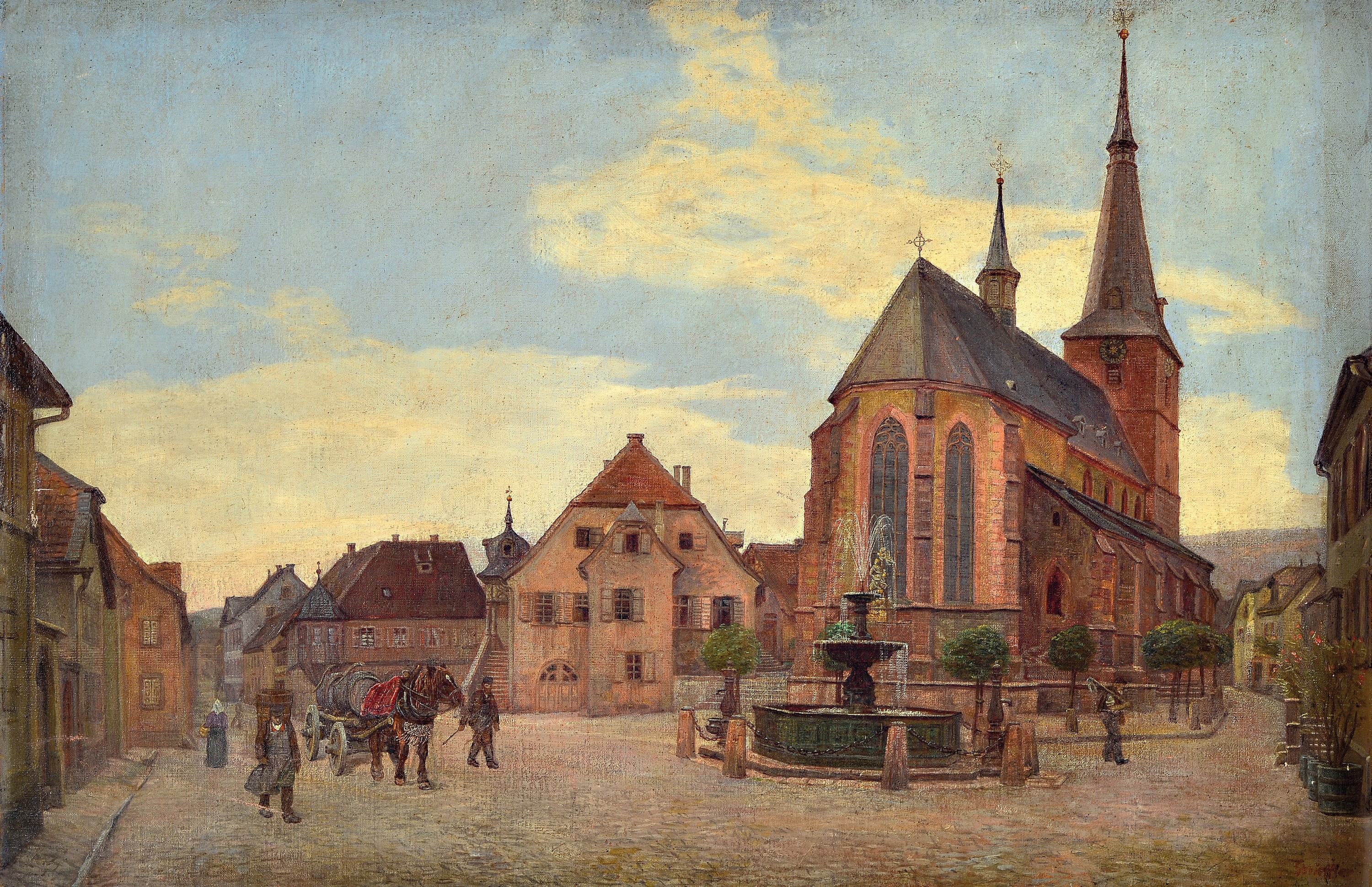 Heinrich Strieffler, 1872 Neustadt-1949 Landau, Ansicht von Deidesheim, Blick auf den Marktplatz und die Kirche St. Ulrich, im Vordergrund Personen ...