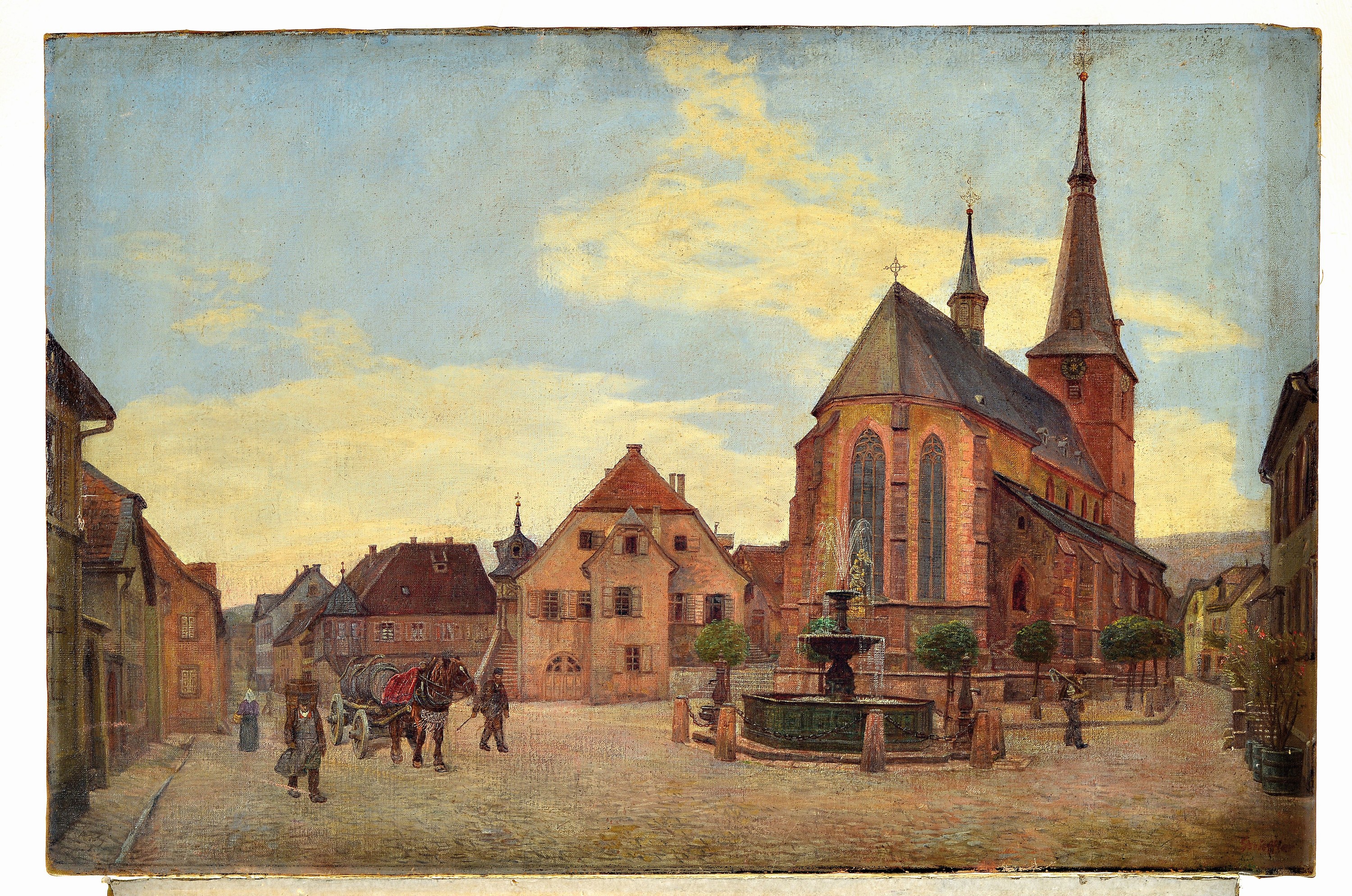 Detail k: Heinrich Strieffler, 1872 Neustadt-1949 Landau, Ansicht von Deidesheim, Blick auf den Marktplatz und die Kirche St. Ulrich, im Vordergrund Personen ...