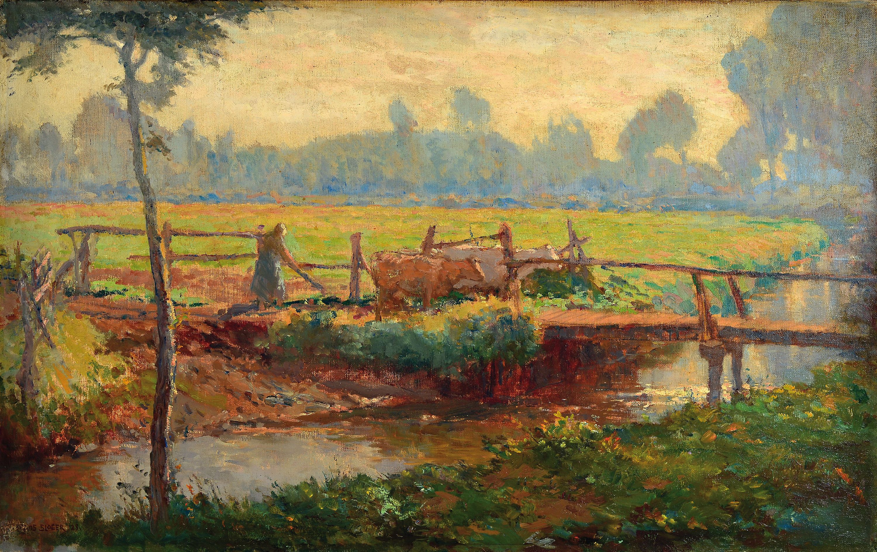 Frans Slager, 1876 s'Hertogenbosch-1953 Meerhout, Landschaft mit Bäuerin und zwei Kühen, eine Brücke überquerend, Öl/Lwd, links unten ...