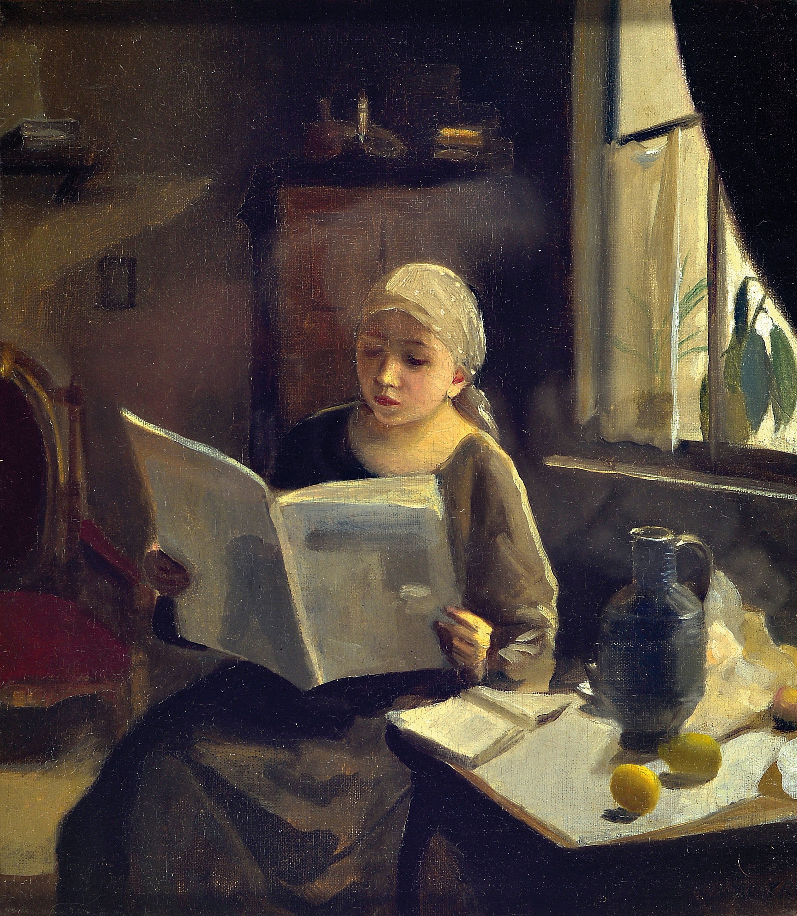 Josef Multrus, 1898 - 1957, tschechisch, junge Frau beim Zeitungslesen, gute Beobachtung der Lichtwirkung auf den unterschiedlichen Oberflächen des ...
