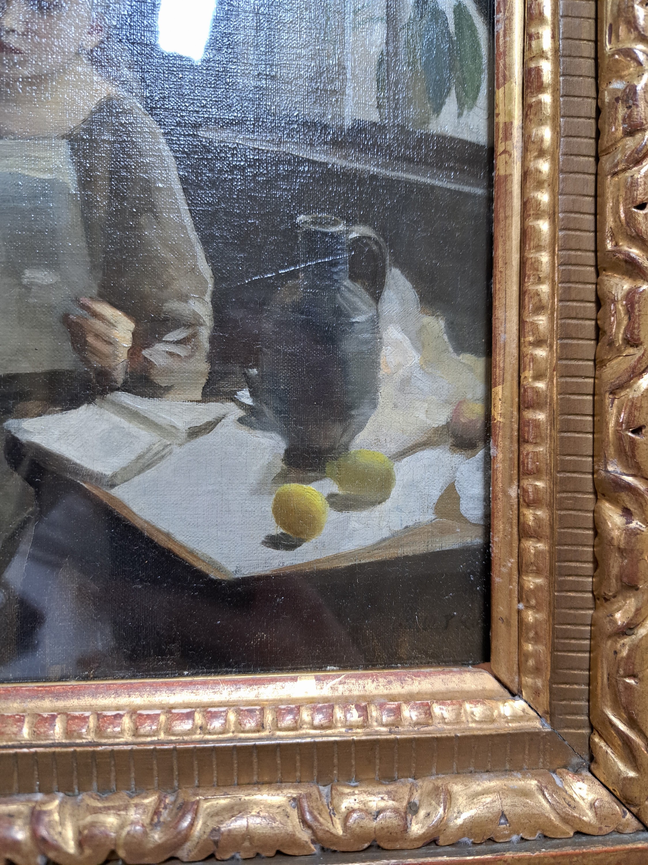 Detail b: Josef Multrus, 1898 - 1957, tschechisch, junge Frau beim Zeitungslesen, gute Beobachtung der Lichtwirkung auf den unterschiedlichen Oberflächen des ...