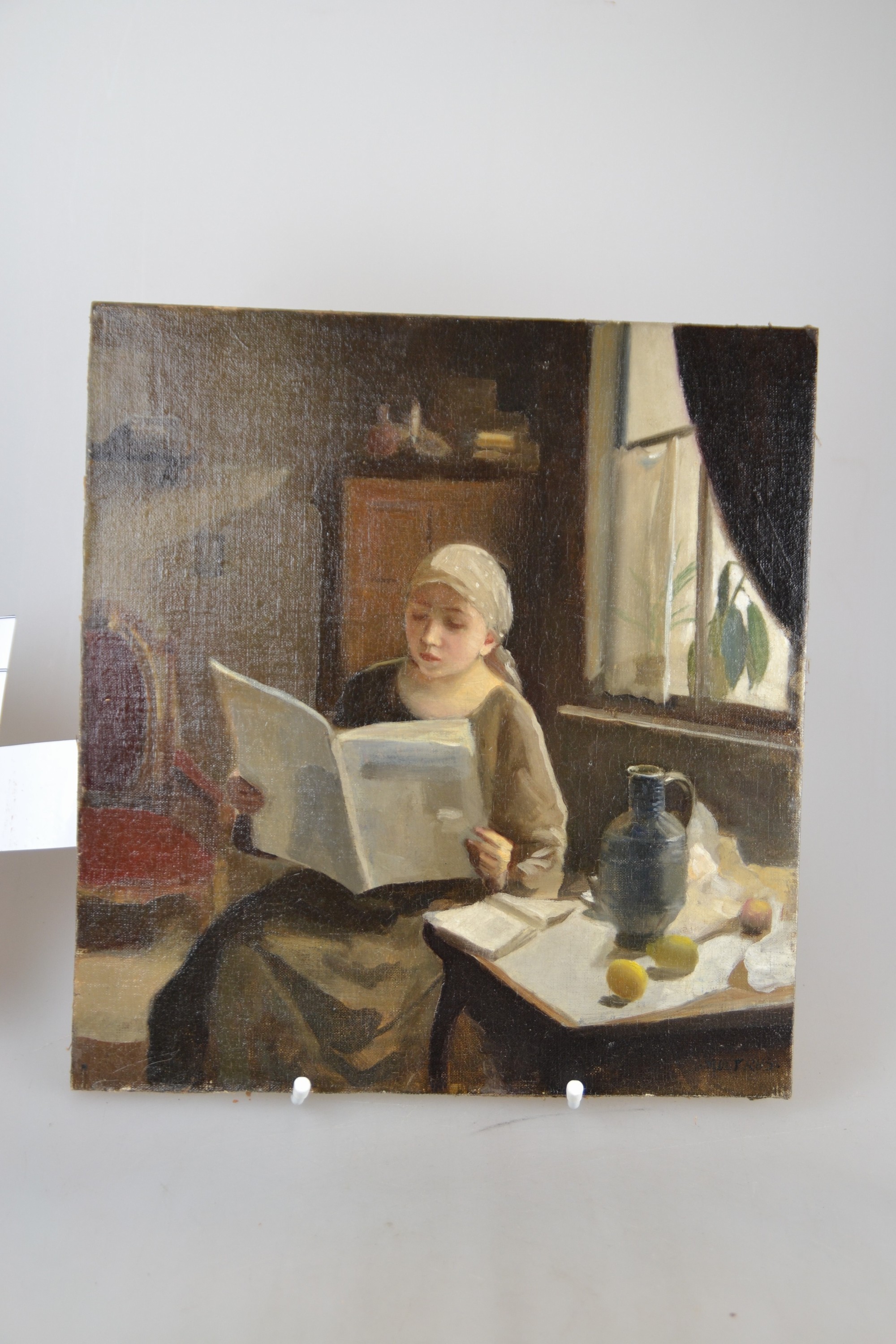 Detail c: Josef Multrus, 1898 - 1957, tschechisch, junge Frau beim Zeitungslesen, gute Beobachtung der Lichtwirkung auf den unterschiedlichen Oberflächen des ...