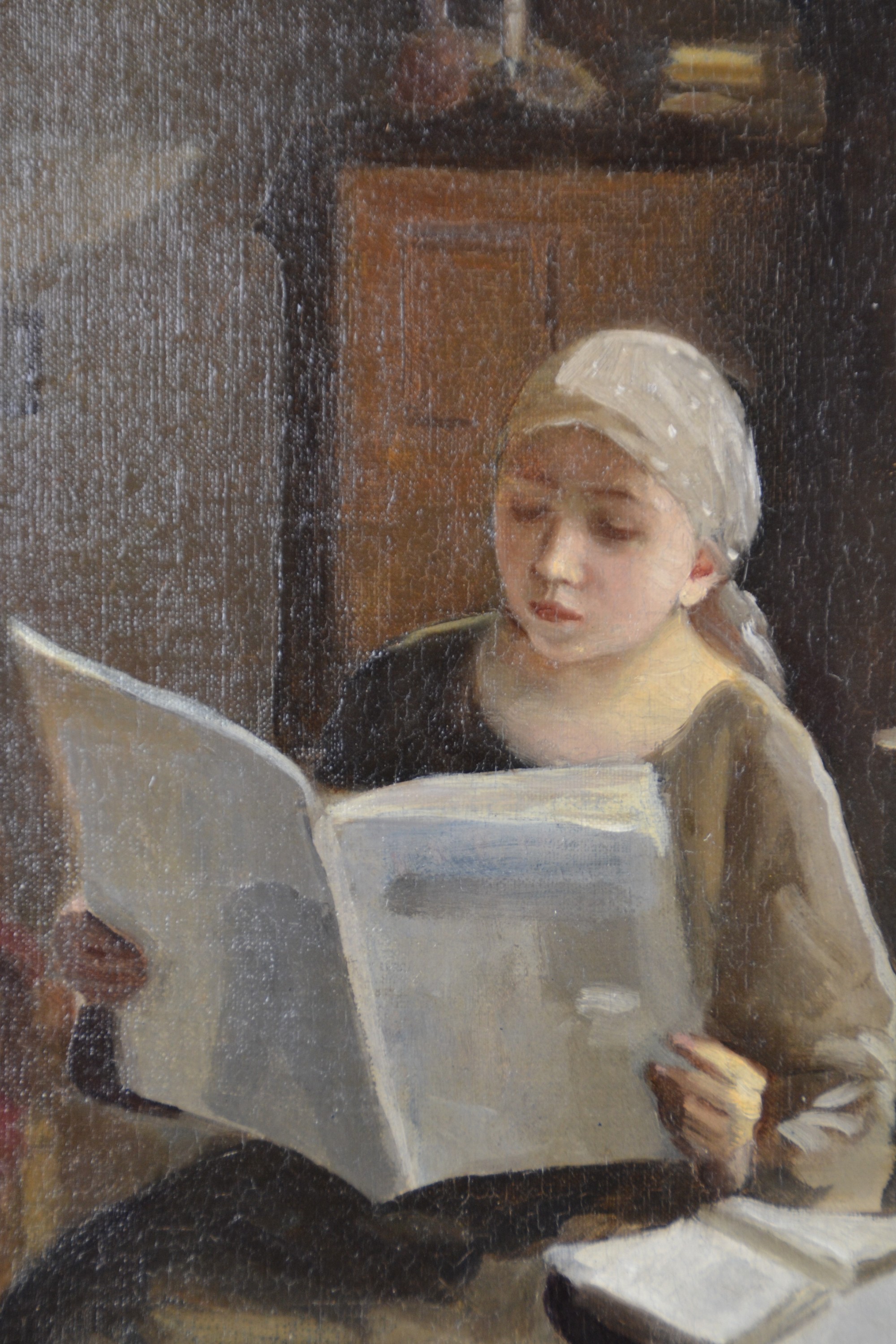 Detail d: Josef Multrus, 1898 - 1957, tschechisch, junge Frau beim Zeitungslesen, gute Beobachtung der Lichtwirkung auf den unterschiedlichen Oberflächen des ...