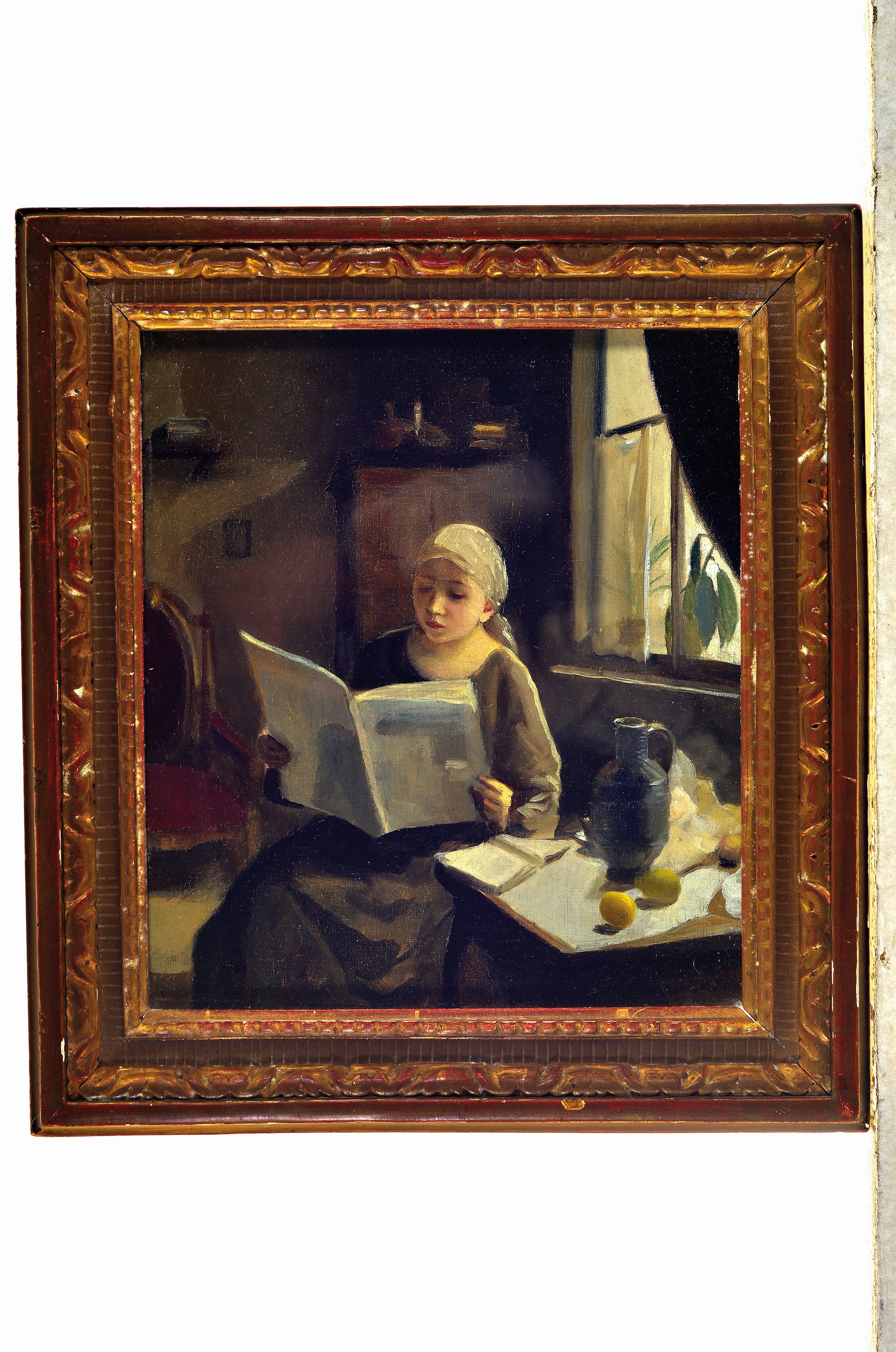 Detail k: Josef Multrus, 1898 - 1957, tschechisch, junge Frau beim Zeitungslesen, gute Beobachtung der Lichtwirkung auf den unterschiedlichen Oberflächen des ...