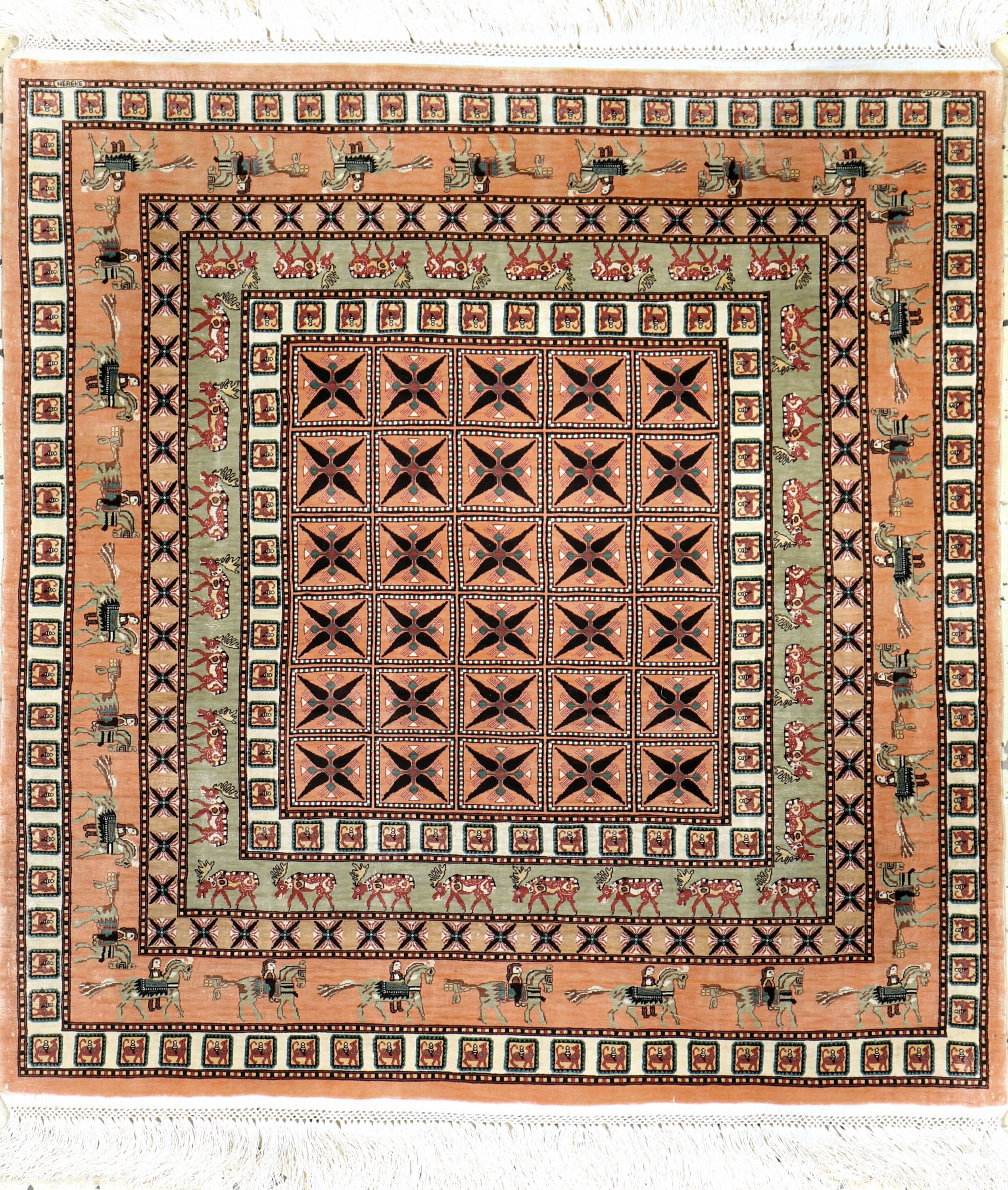 Hereke Seide fein(20x20), signiert, Türkei,Ende 20.Jhd, reine Naturseide, ca. 55 x 57 cm,ca. 4,0 Mio. Kn/qm, EHZ: 1