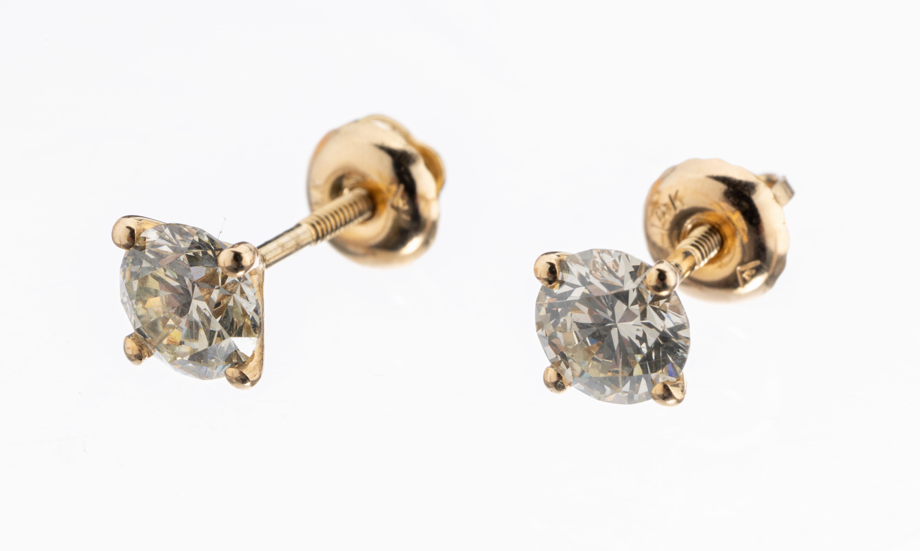 14 kt Gold Brillant-Ohrstecker, GG 585/000,2 Brillanten zus. ca. 1.18 ct light yellowish gray/vs2, AIG Expertise anbei