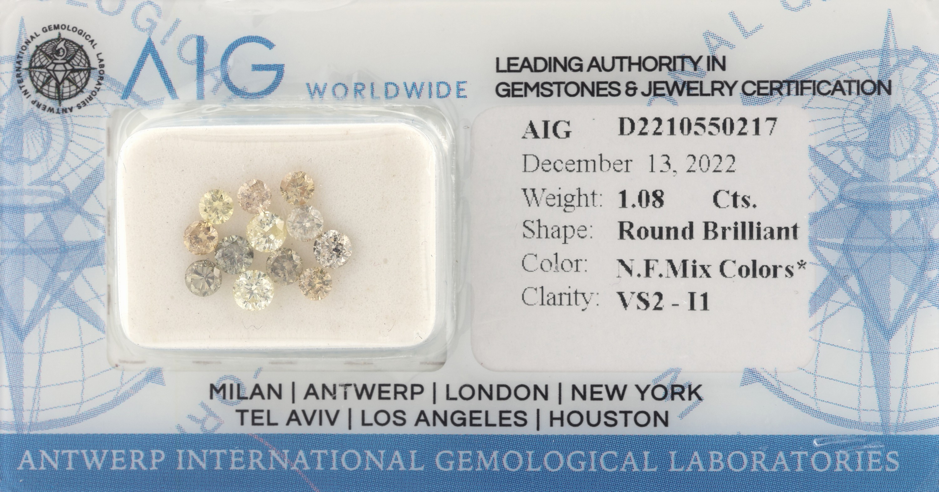 Lose Brillanten 1.08 ct mix colours/vs2-p1, AIG Expertise anbei, verschweißt, mit Expertise