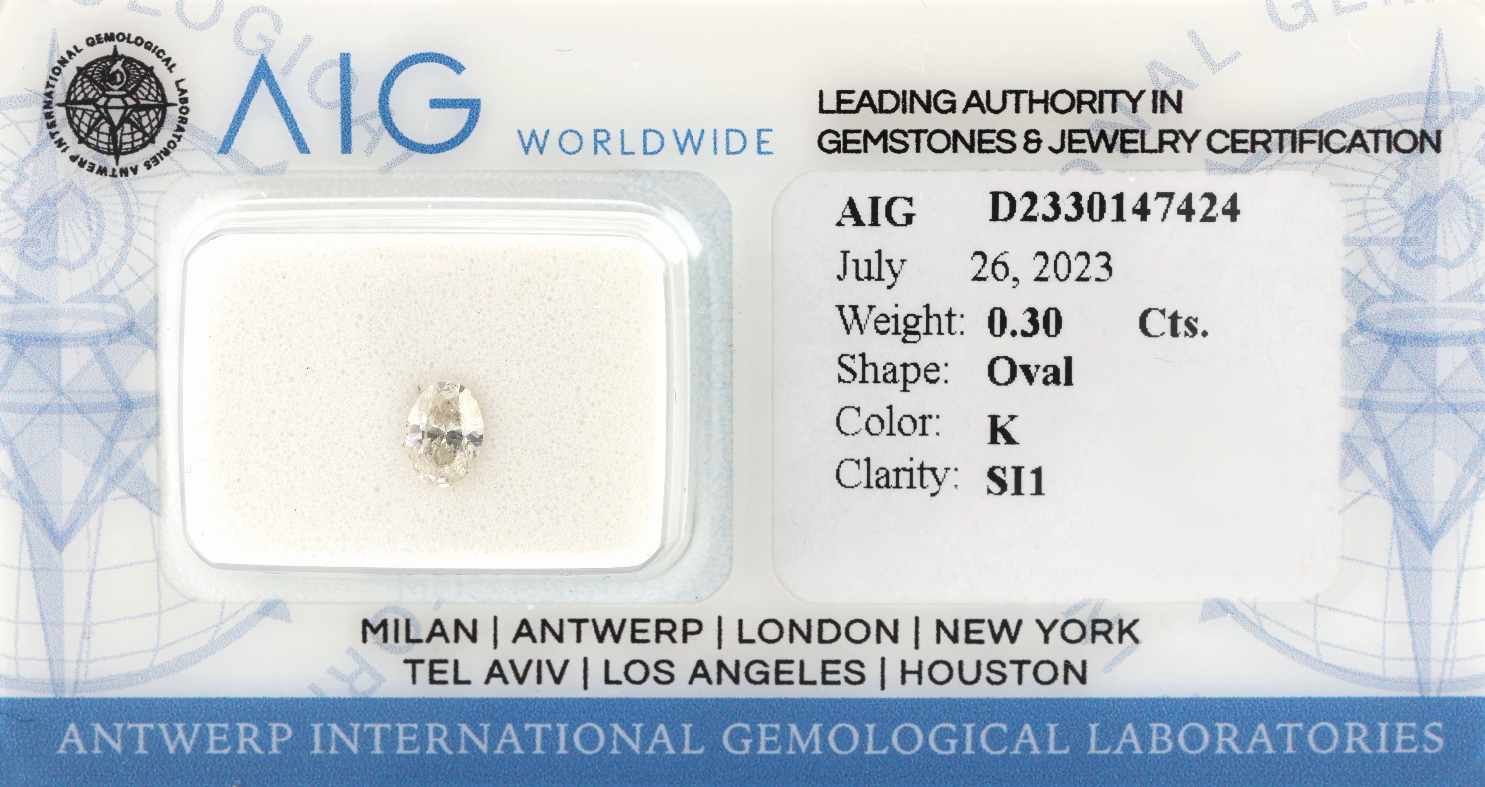Diamant oval, 0.30 ct get.Weiß(K)/si1, mit Expertise, verschweißt