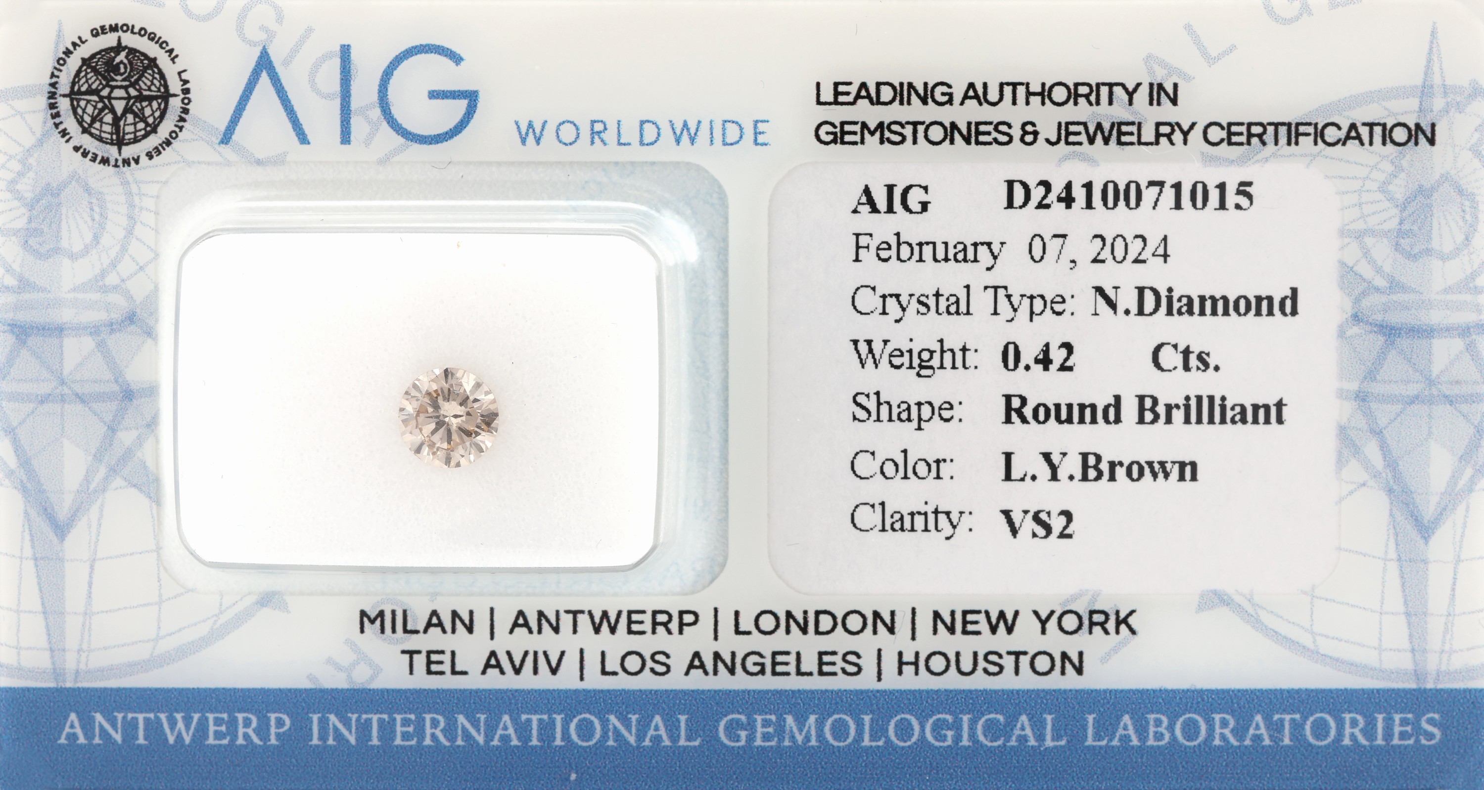 Loser Diamant 0.42 ct, light yellowish brown/vs2, mit AIG Expertise, verschweißt