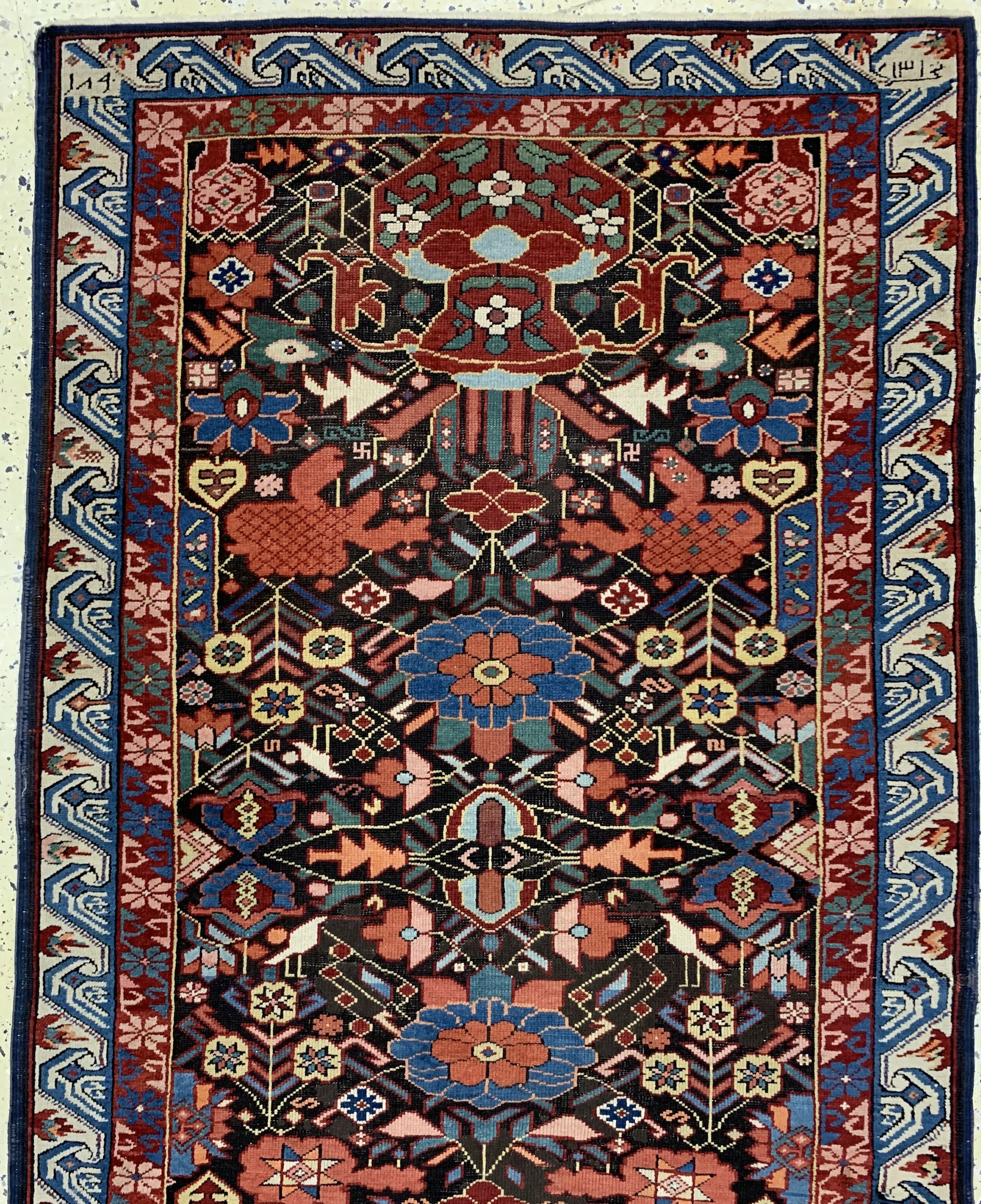 Detail a: Antiker"Seychur"Kazak, Kaukasus, datiert 1301(1880), Wolle auf Wolle, ca. 350 x 106 cm,EHZ: 2