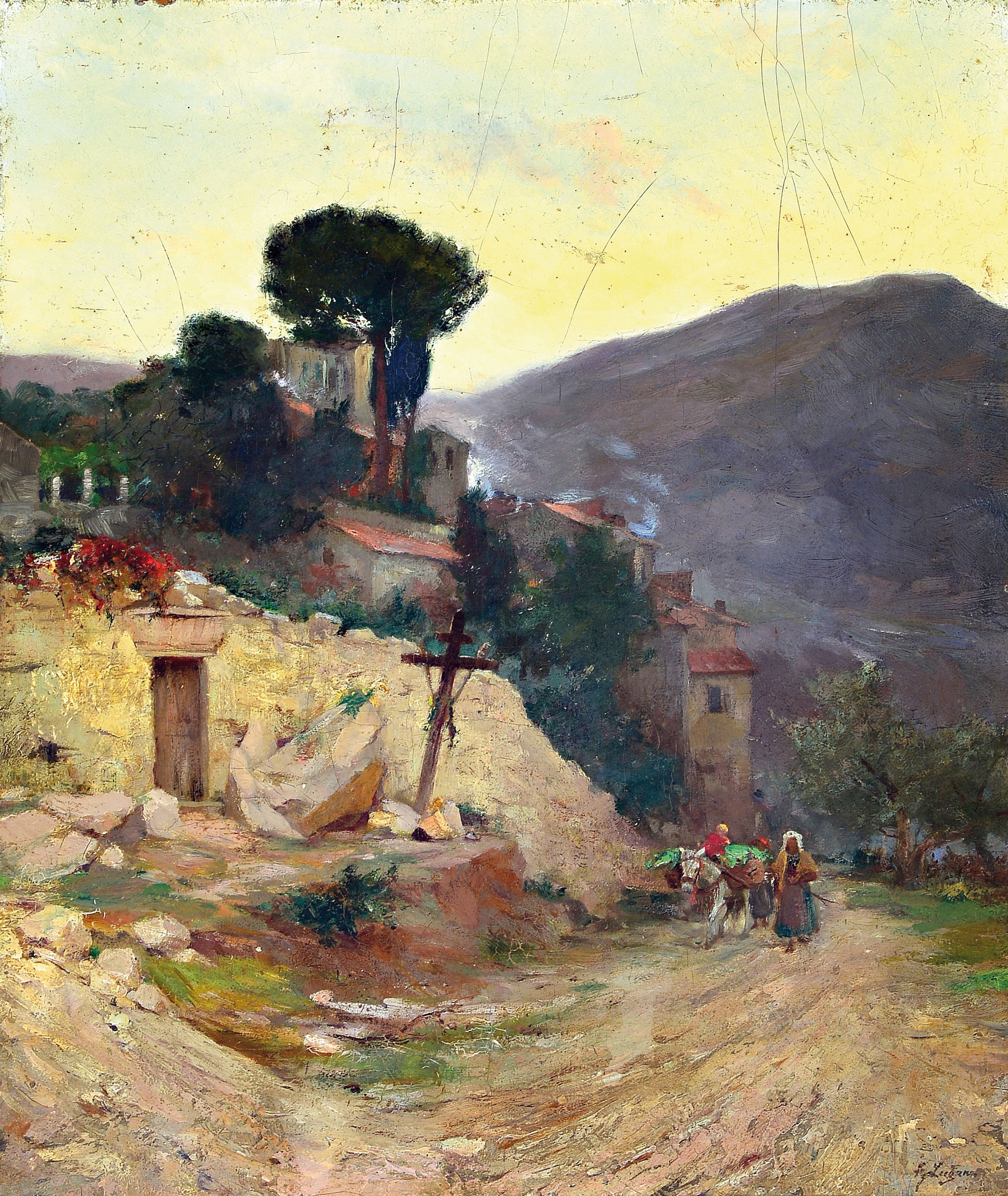 Franz Lugan, 1864 Schlesien-1942, südliche Dorflandschaft, Öl/Platte, rechts unten signiert, 50x40 cm
