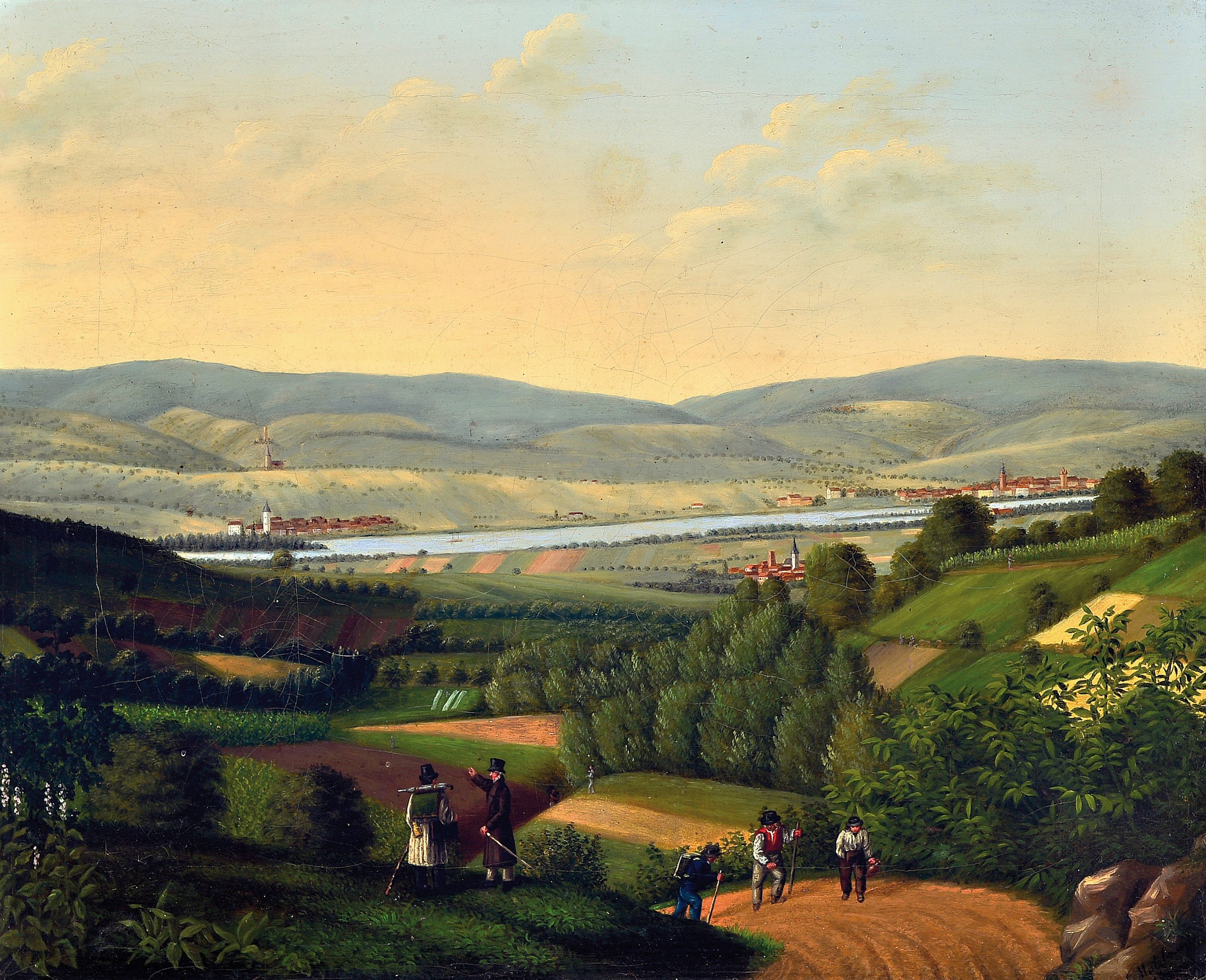 C. Mutzbauer, hessischer Künstler des frühen 19.Jh., nachweisbar um 1820 in Hersfeld, Landschaft des oberen Mittelrheintals, Blick über Felder auf ...
