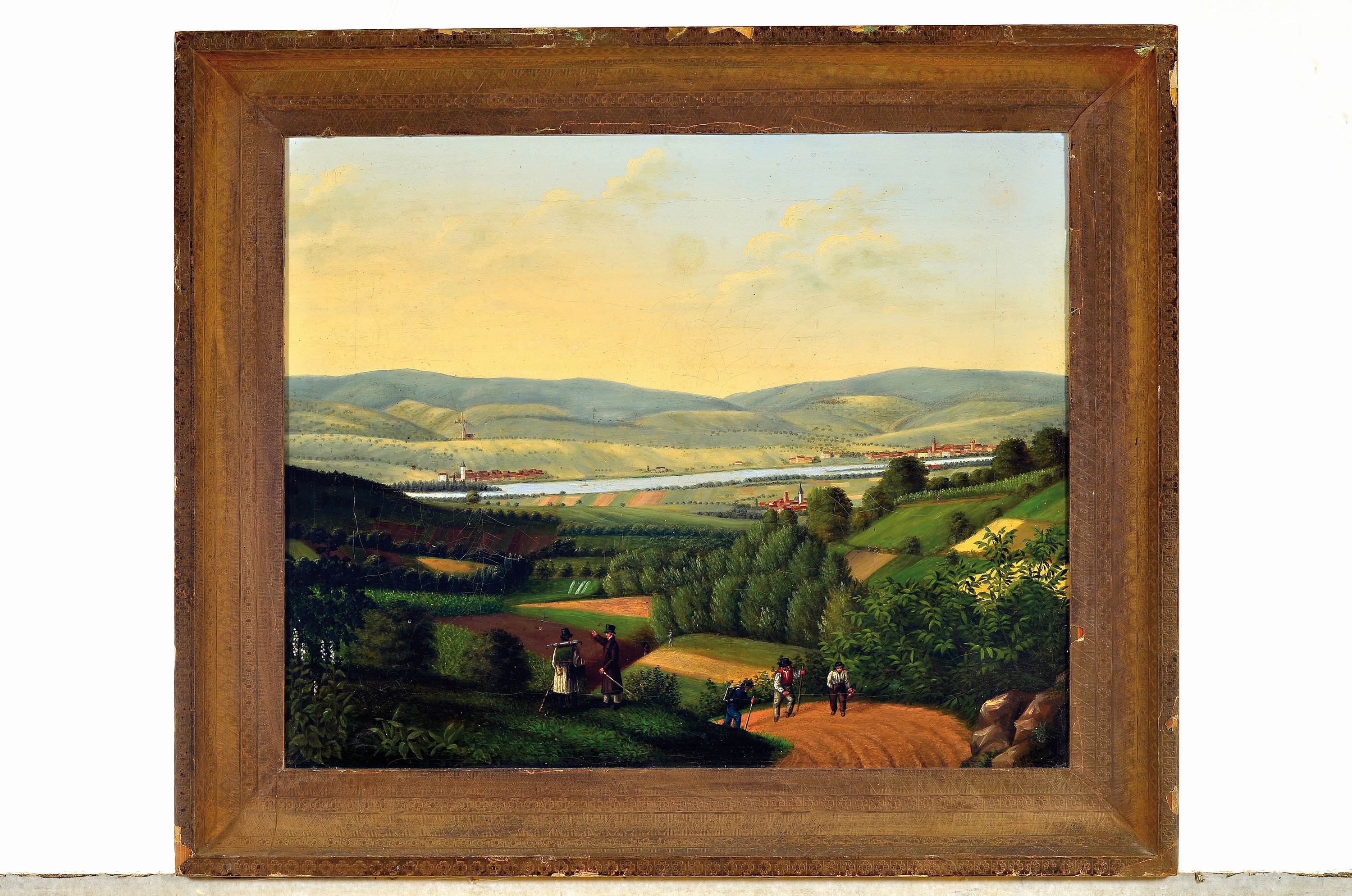 Detail k: C. Mutzbauer, hessischer Künstler des frühen 19.Jh., nachweisbar um 1820 in Hersfeld, Landschaft des oberen Mittelrheintals, Blick über Felder auf ...