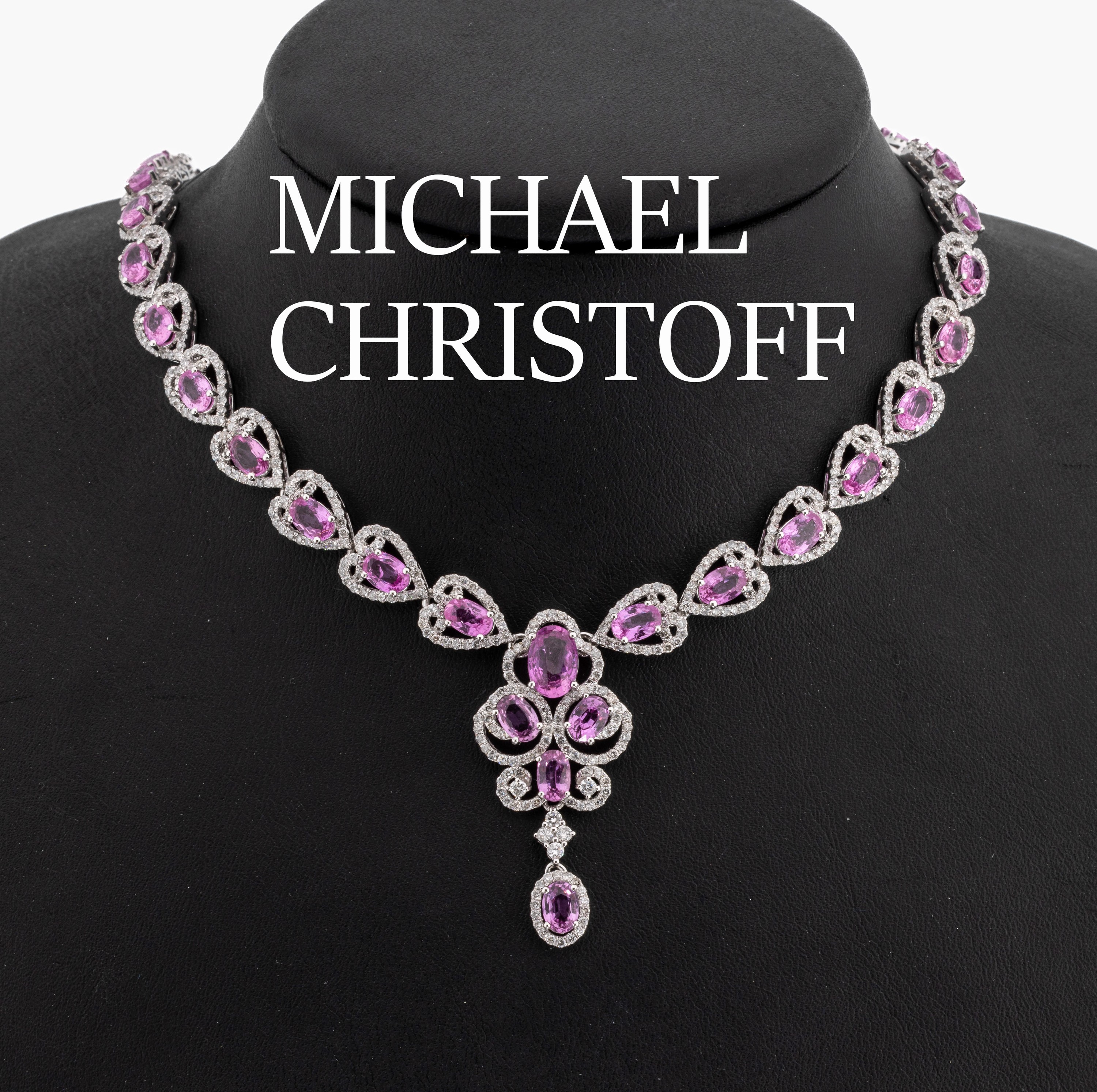 14 kt Gold Saphir-Brillant-Collier, WG 585/000, 27 ovalfacett. Pinksaphire zus. ca. 25.0 ct, Brillanten zus. ca. 3.75 ct Weiß- l.get.Weiß/p, ...