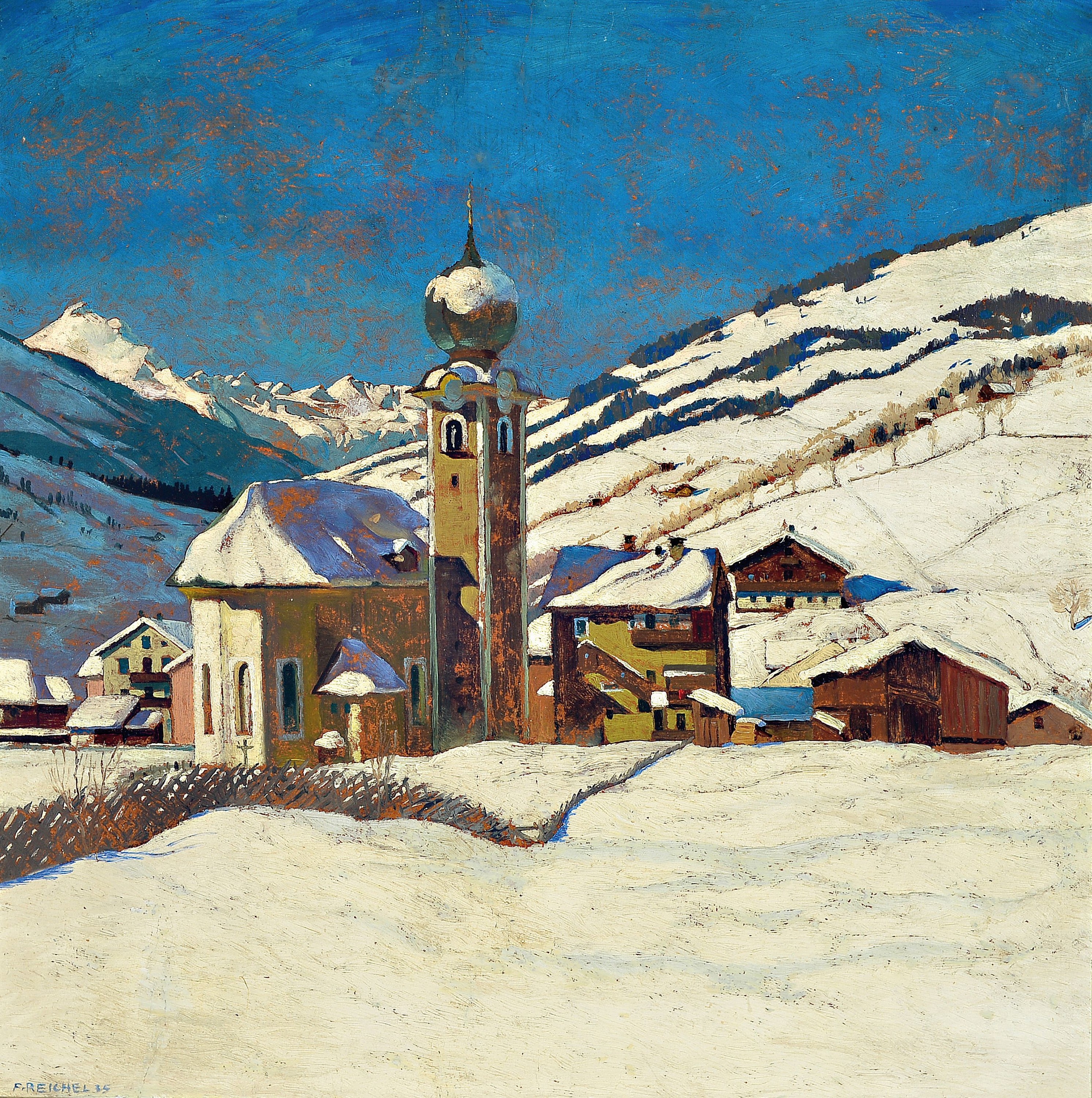 Fritz Reichel, Künstler der Mitte des 20.Jh. , Winterlandschaft mit Pfarrkirche in Saalbach, links unten signiert und datiert 1935, Öl/Karton, ...
