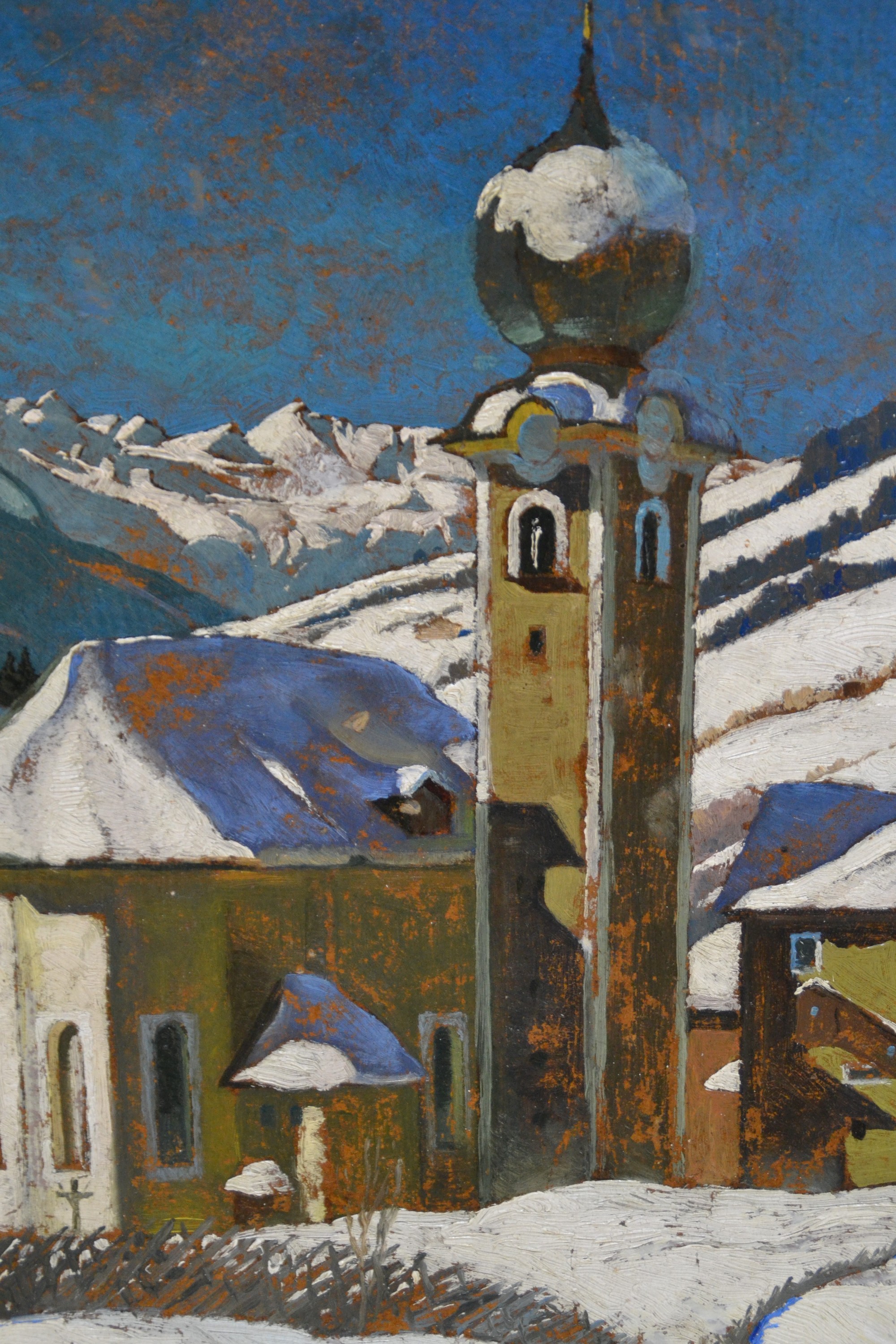 Detail a: Fritz Reichel, Künstler der Mitte des 20.Jh. , Winterlandschaft mit Pfarrkirche in Saalbach, links unten signiert und datiert 1935, Öl/Karton, ...