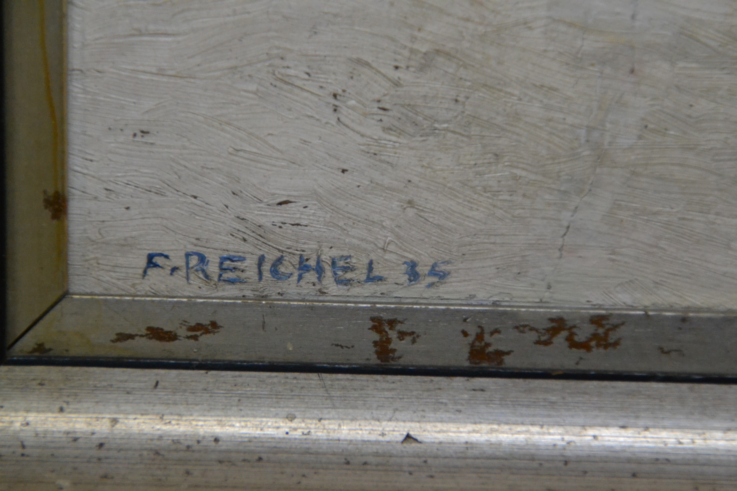 Detail c: Fritz Reichel, Künstler der Mitte des 20.Jh. , Winterlandschaft mit Pfarrkirche in Saalbach, links unten signiert und datiert 1935, Öl/Karton, ...