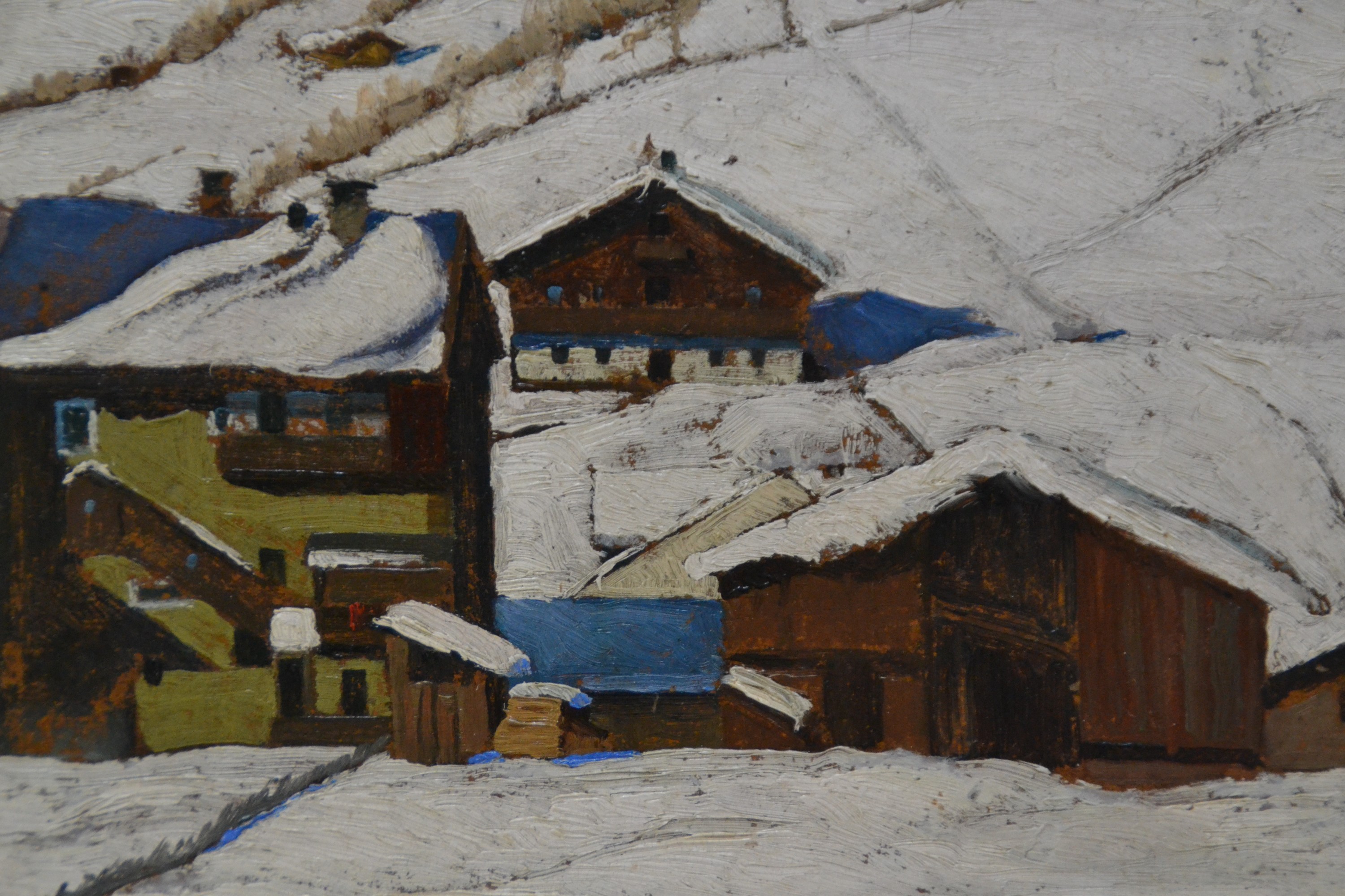 Detail d: Fritz Reichel, Künstler der Mitte des 20.Jh. , Winterlandschaft mit Pfarrkirche in Saalbach, links unten signiert und datiert 1935, Öl/Karton, ...