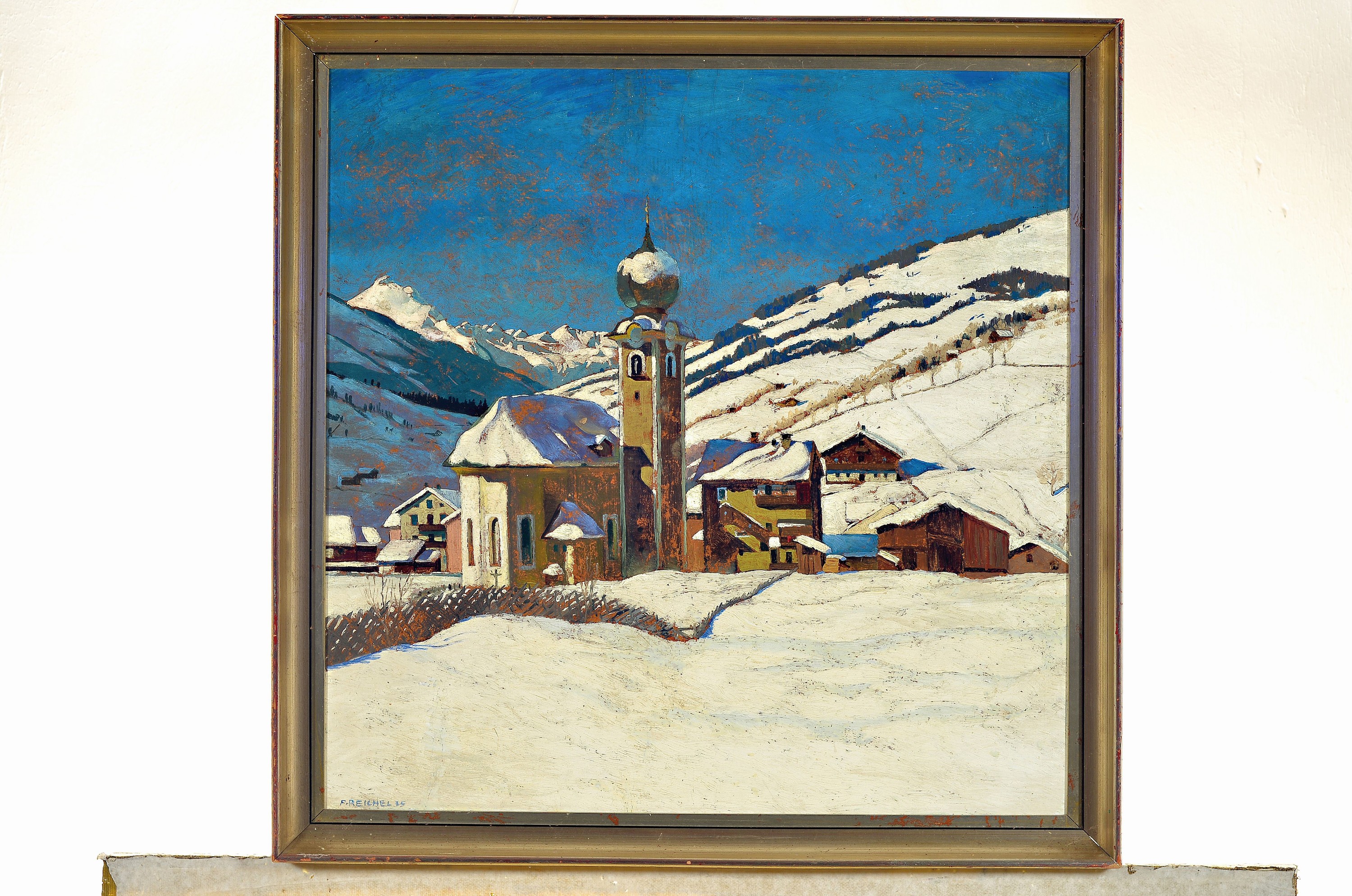Detail k: Fritz Reichel, Künstler der Mitte des 20.Jh. , Winterlandschaft mit Pfarrkirche in Saalbach, links unten signiert und datiert 1935, Öl/Karton, ...