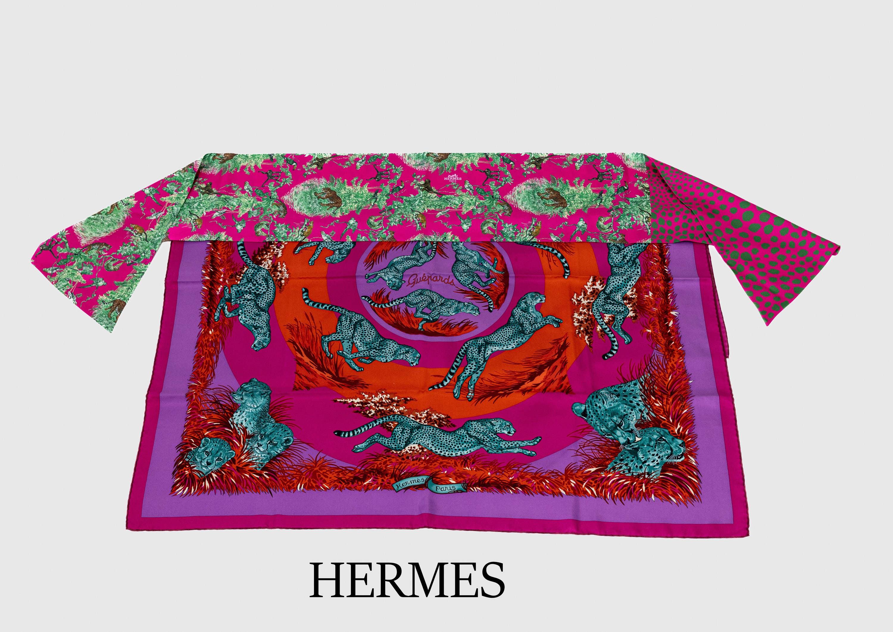 Konvolut HERMES Carree und Schal, Paris, 100% Seide, 1x Carree, "Guepards", lilagrundig, pink- und orangefarb. Ornamente, grüne Geparde, ...