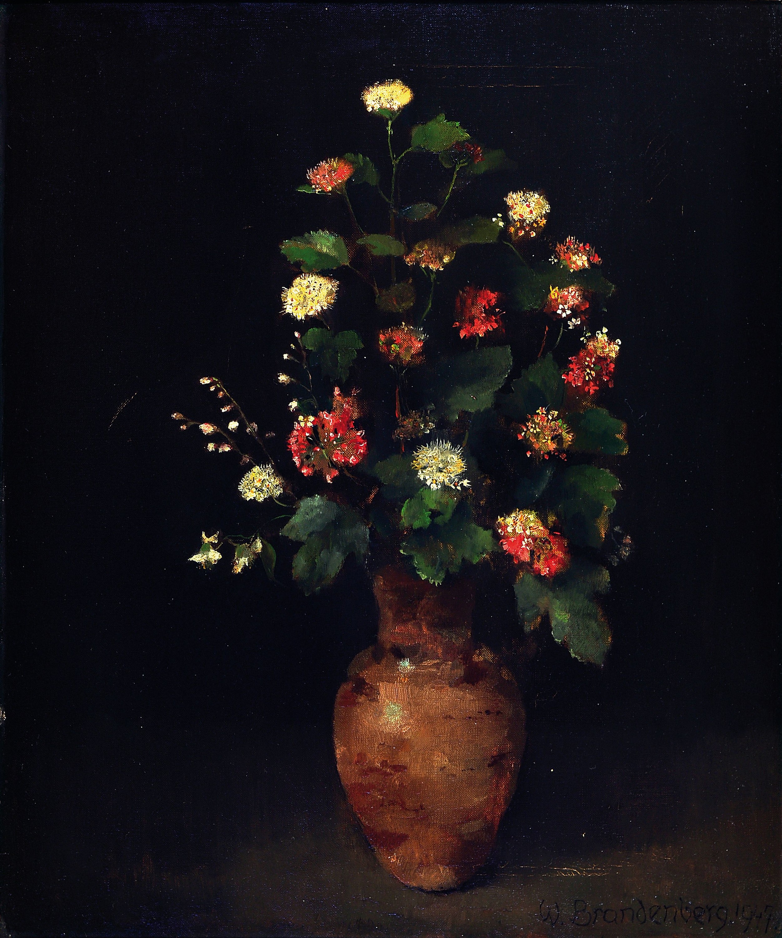 Wilhelm Brandenberg, 1889 Essen-1975 Krefeld, Blumenstillleben, rechts unten signiert und datiert 1947, Öl/Lwd, 60x50 cm, Rahmen 79x69 cm; ...