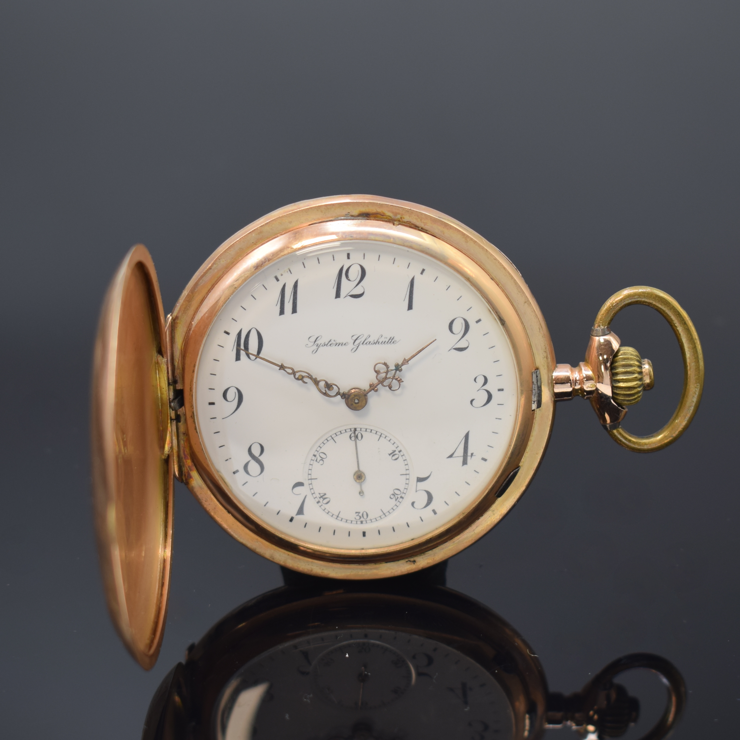 SYSTEME GLASHÜTTE Herrensavonette in RG 585/000, Schweiz um 1910, 2 Deckel Goldgeh. dell., Sprung- u. Rückdeckel guill., Monogramm, Metallcuvette, ...