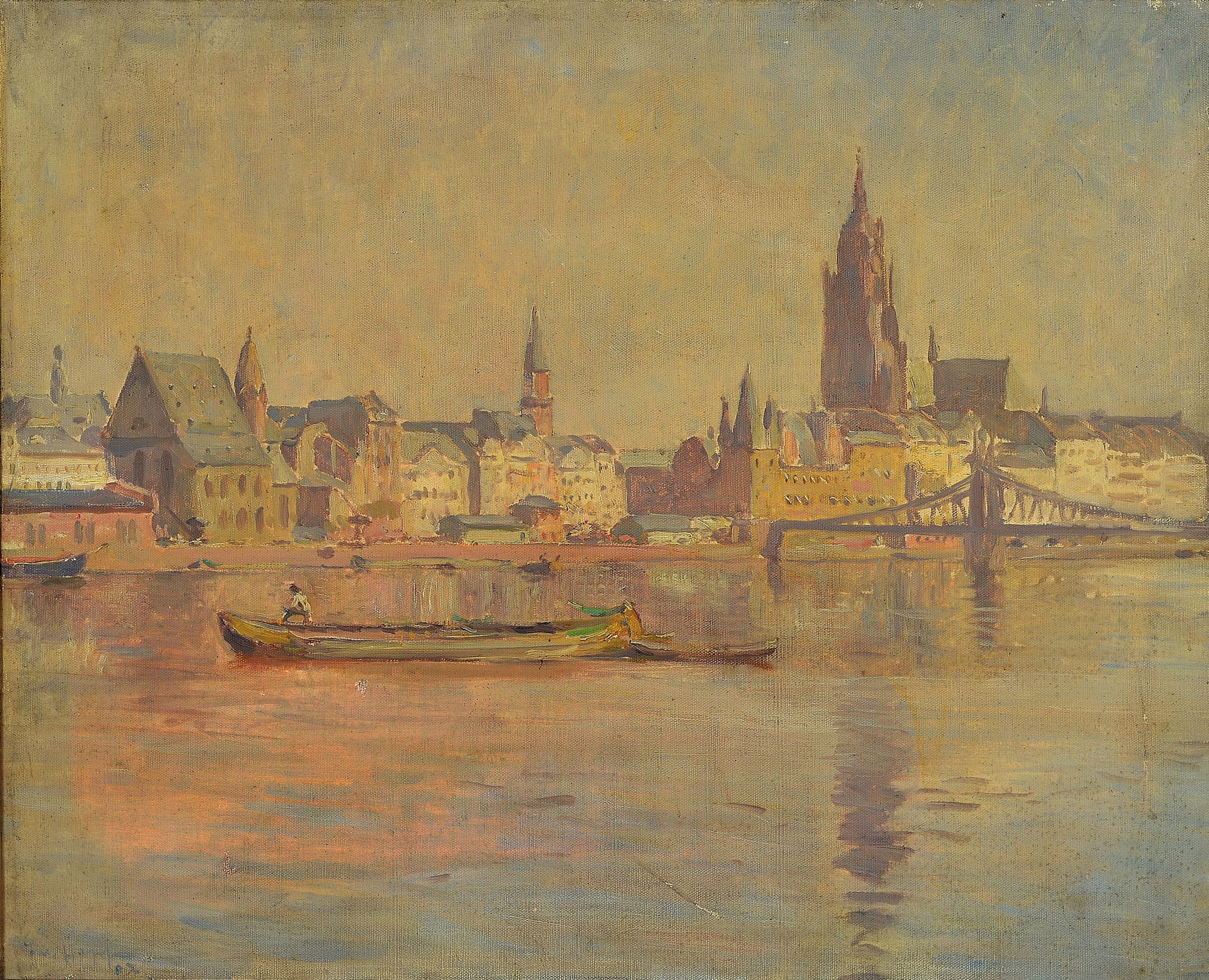 Jakob Happ, 1861-1936 Frankfurt a.M., "Vaterstadt", so verso bezeichnet, Blick über den Main auf den Kaiserdom zu Frankfurt, linksunten ...