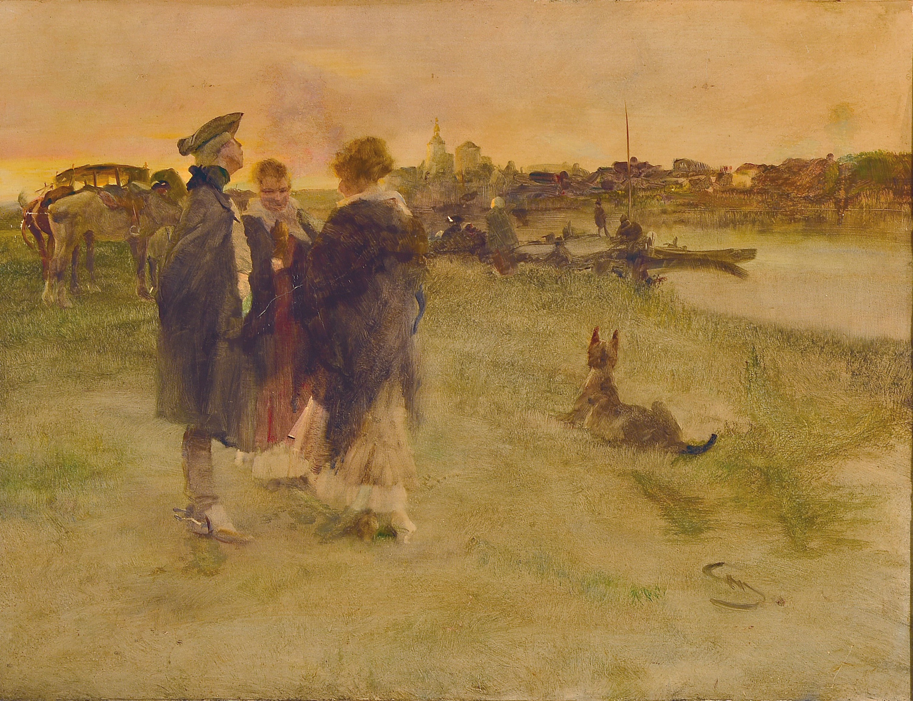 Wilhelm Schreuer, 1866 Wesel-1933 Düsseldorf , Gesellschaft am Ufer, gegenüber Stadtsilhouette, rechts signiert, Öl/Platte, Oberflächenschäden, ...