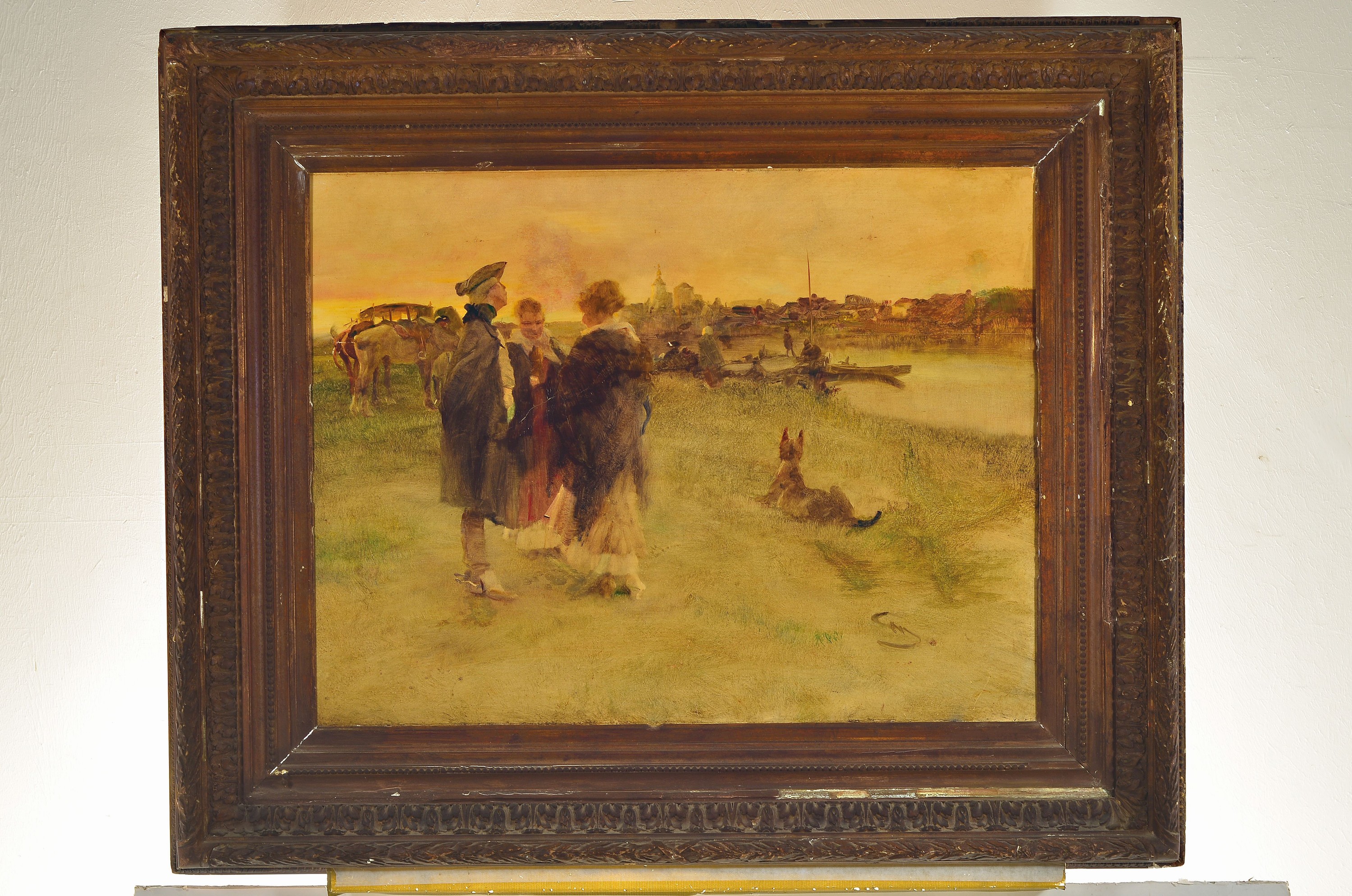 Detail k: Wilhelm Schreuer, 1866 Wesel-1933 Düsseldorf , Gesellschaft am Ufer, gegenüber Stadtsilhouette, rechts signiert, Öl/Platte, Oberflächenschäden, ...