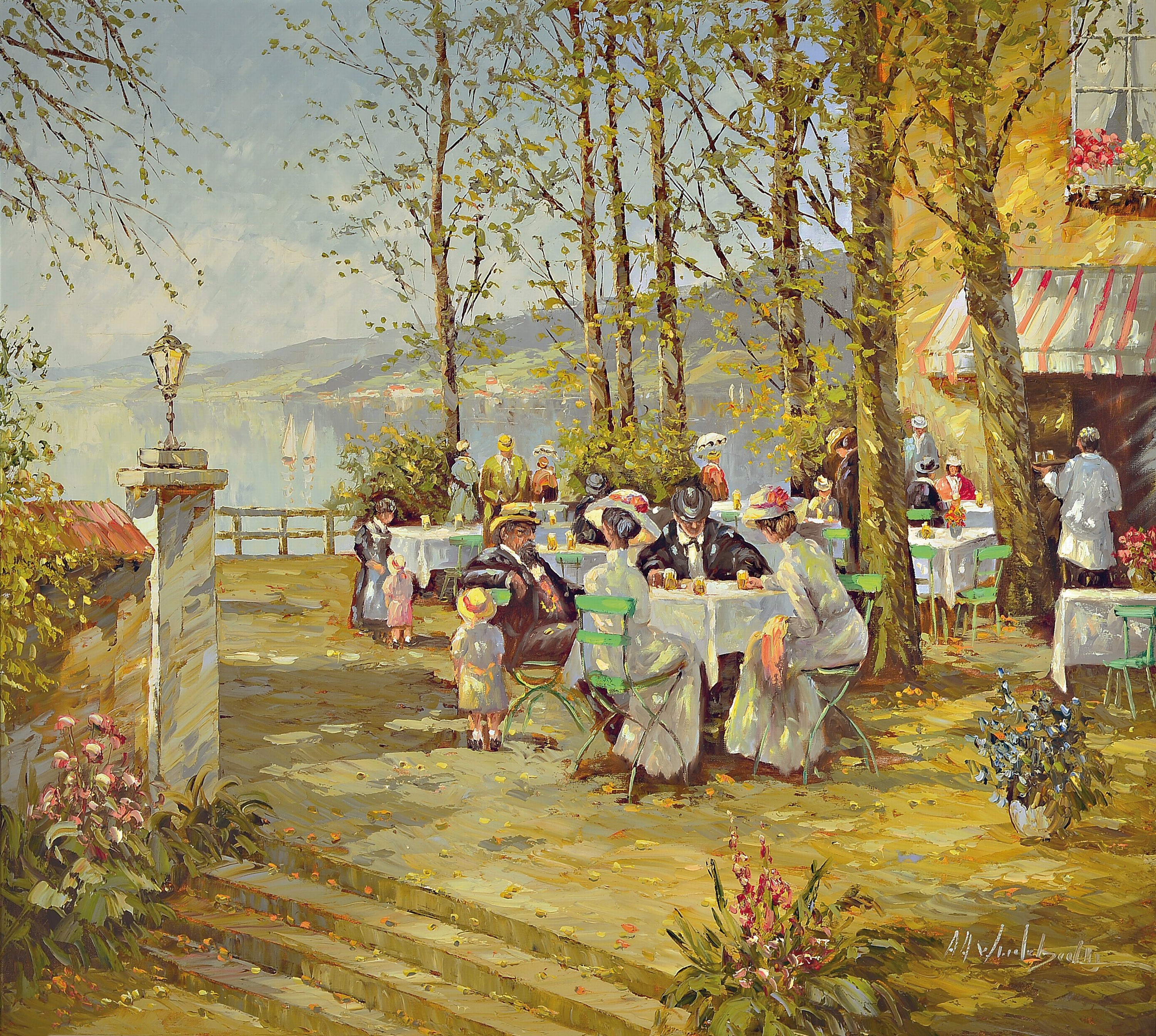 Prof. August Alexander Wendehals, 1934-2003 Ossendorf, sommerlicher Biergarten mit Seeblick, rechts signiert, Öl/Lwd, Rahmen 103x114 cm