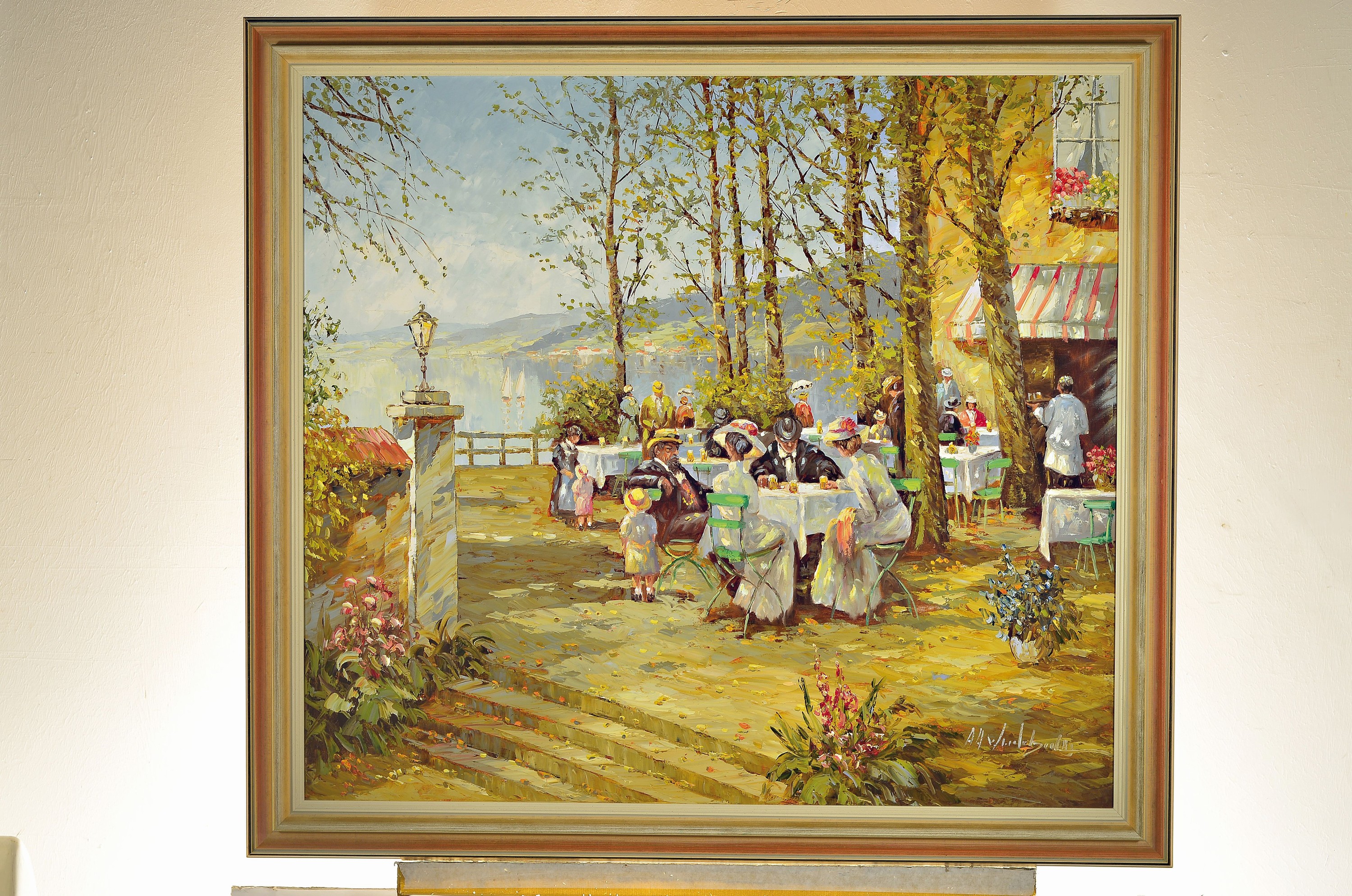 Detail k: Prof. August Alexander Wendehals, 1934-2003 Ossendorf, sommerlicher Biergarten mit Seeblick, rechts signiert, Öl/Lwd, Rahmen 103x114 cm