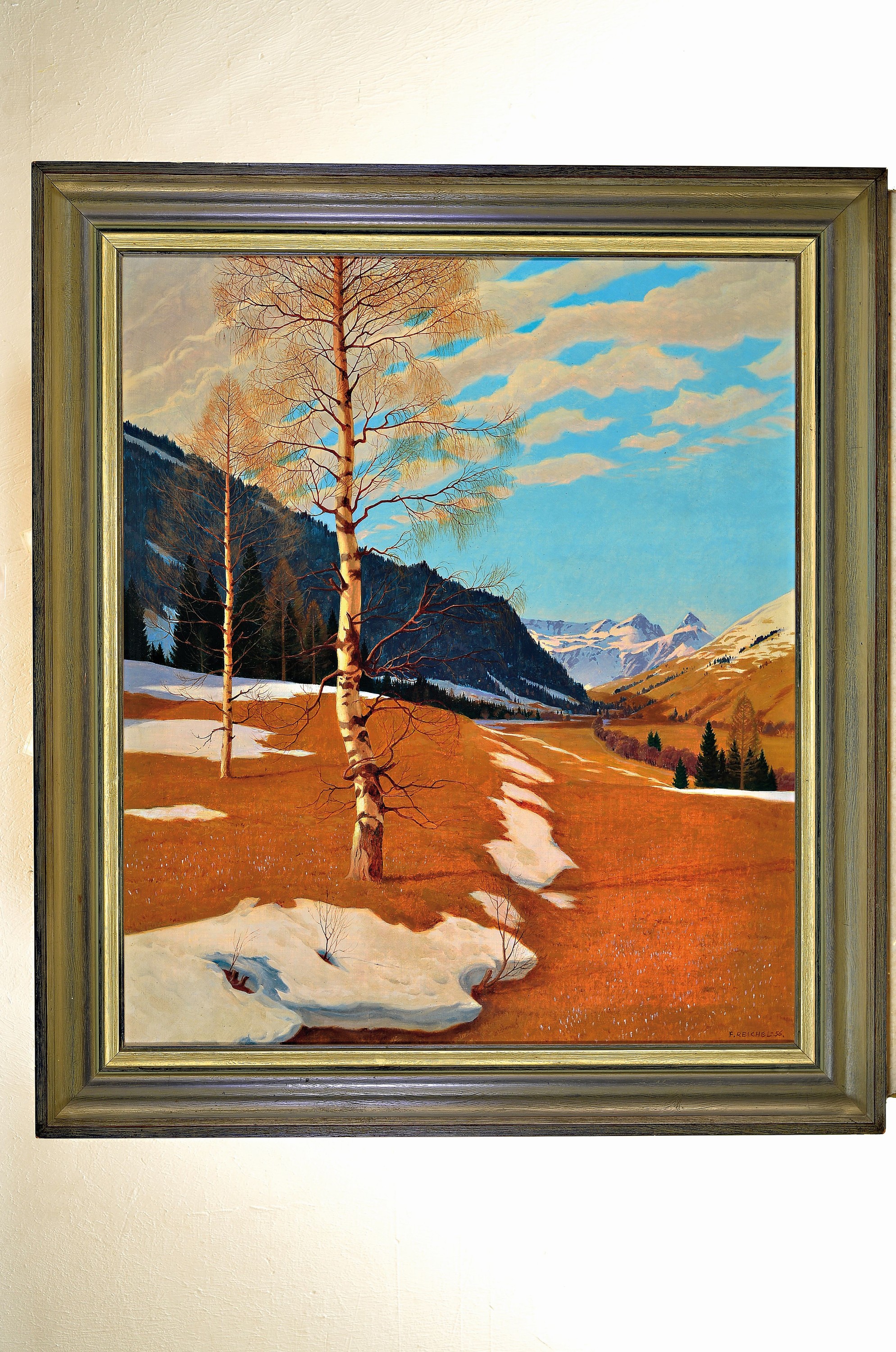 Detail k: Fritz Reichel, Künstler der Mitte des 20.Jh. , Winterlandschaft bei Seebach im SalzburgerLand, "Blick vom Fuße des Schattberges nach ...