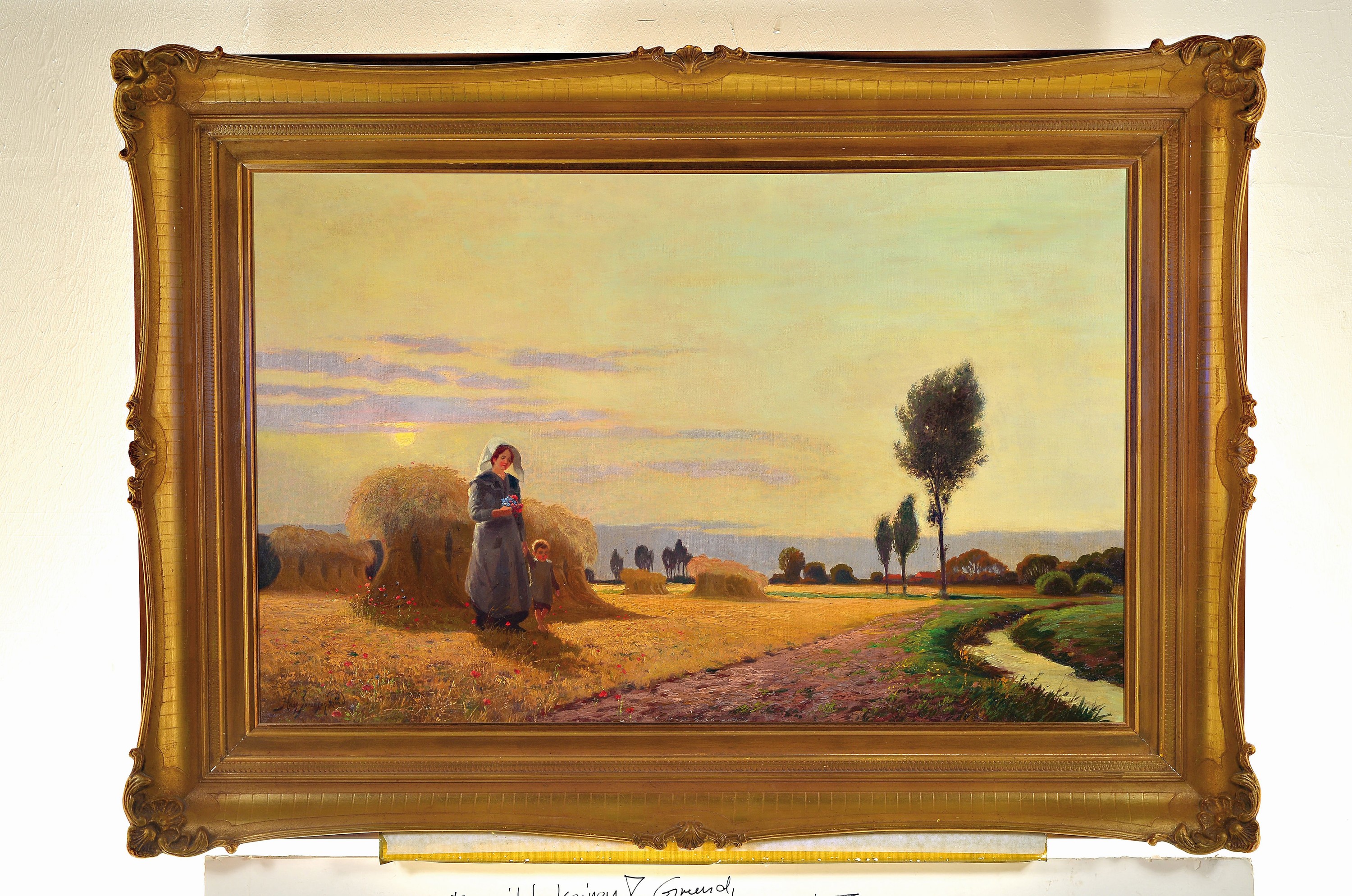 Detail k: Hans Sorensen-Lund, 1859-1920, dänisch, abendliche Erntedankszene, junge Frau mit Kind auf abgeerntetem Feld, links unten signiert, Öl/Lwd, 70x105 ...