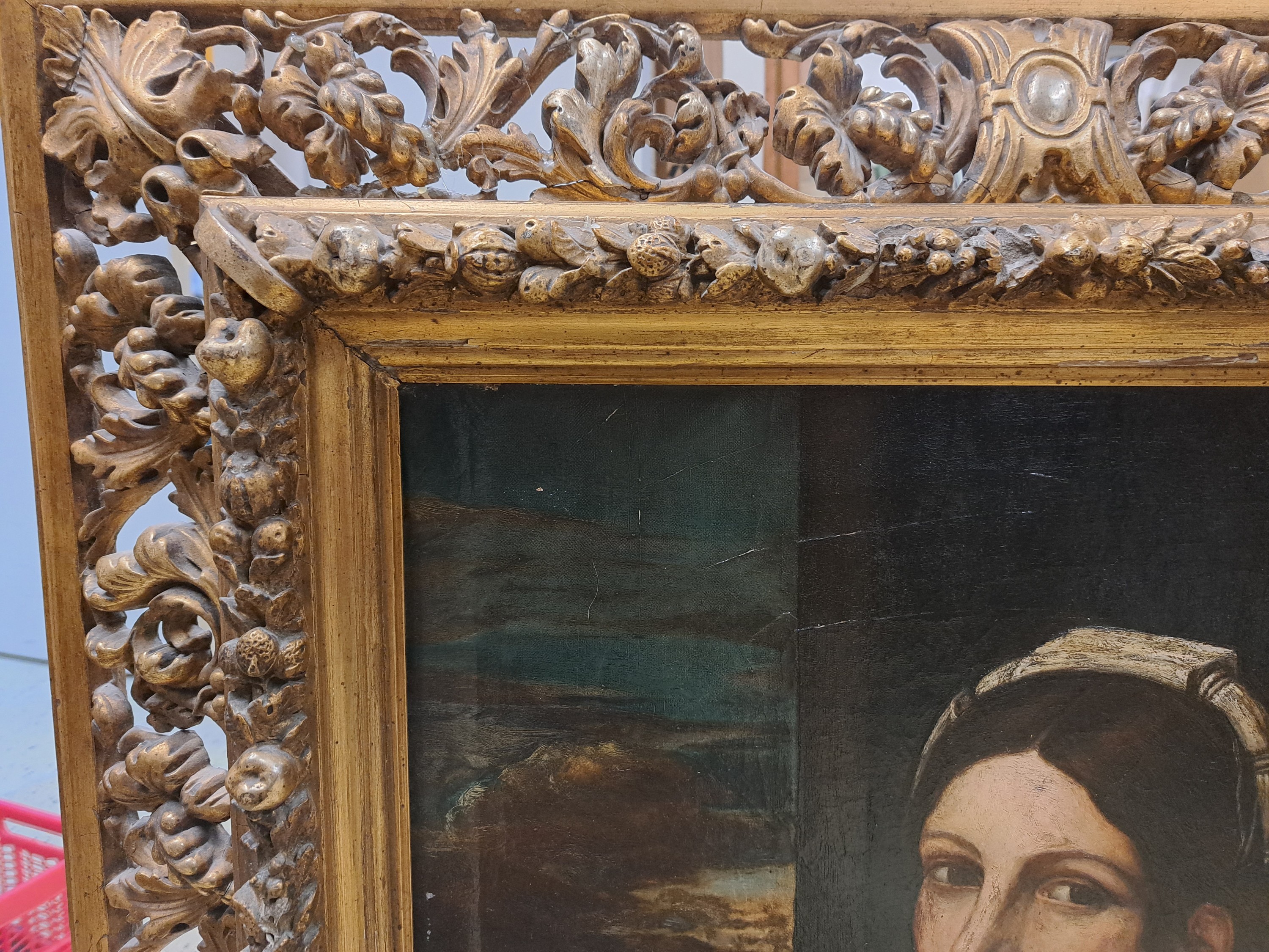 Detail d: Unbekannter Kopist nach Sebastiano del Piombo (1485-1547), 19.Jh., Heilige Dorothea bzw. Römerin mit Früchtekorb (um 1512, Gemäldegalerie Berlin), ...