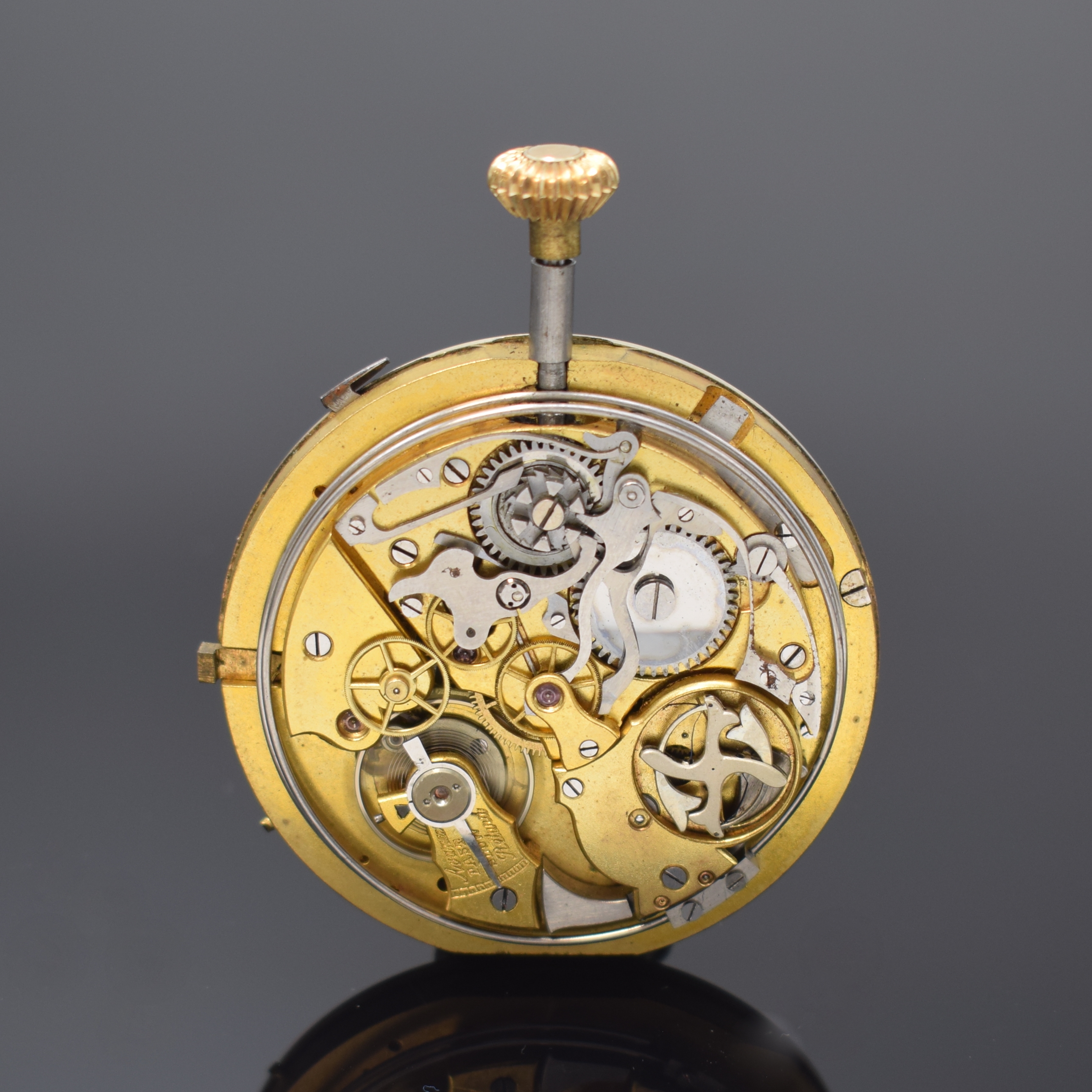 Taschenuhrwerk mit 1/4-Stunden-Repetition und Chronograph, Schweiz um 1900, Emailzifferbl. sign. ERY, arab. Zahlen, gold. Zeiger, kl. Sek., Werk m. ...