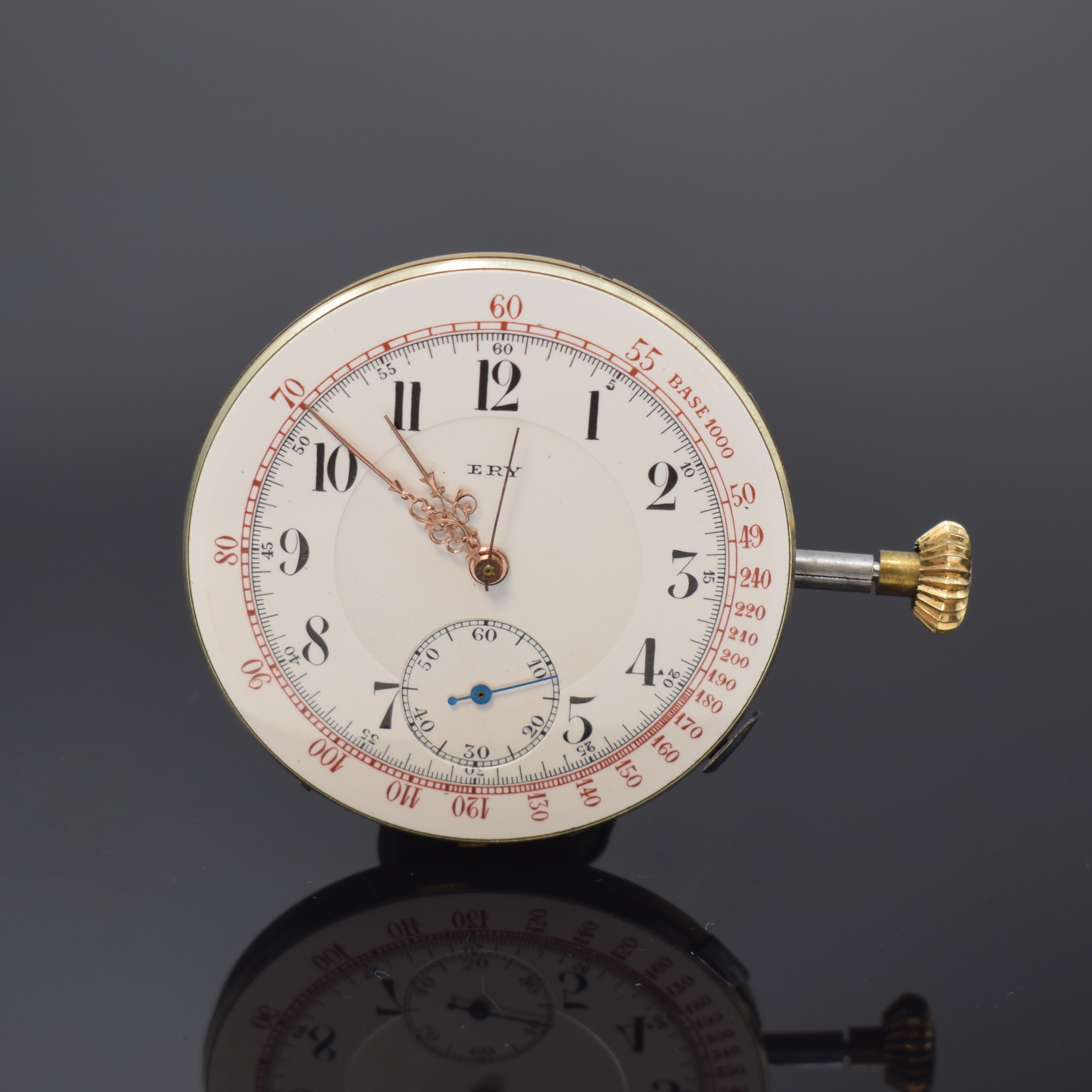 Detail a: Taschenuhrwerk mit 1/4-Stunden-Repetition und Chronograph, Schweiz um 1900, Emailzifferbl. sign. ERY, arab. Zahlen, gold. Zeiger, kl. Sek., Werk m. ...