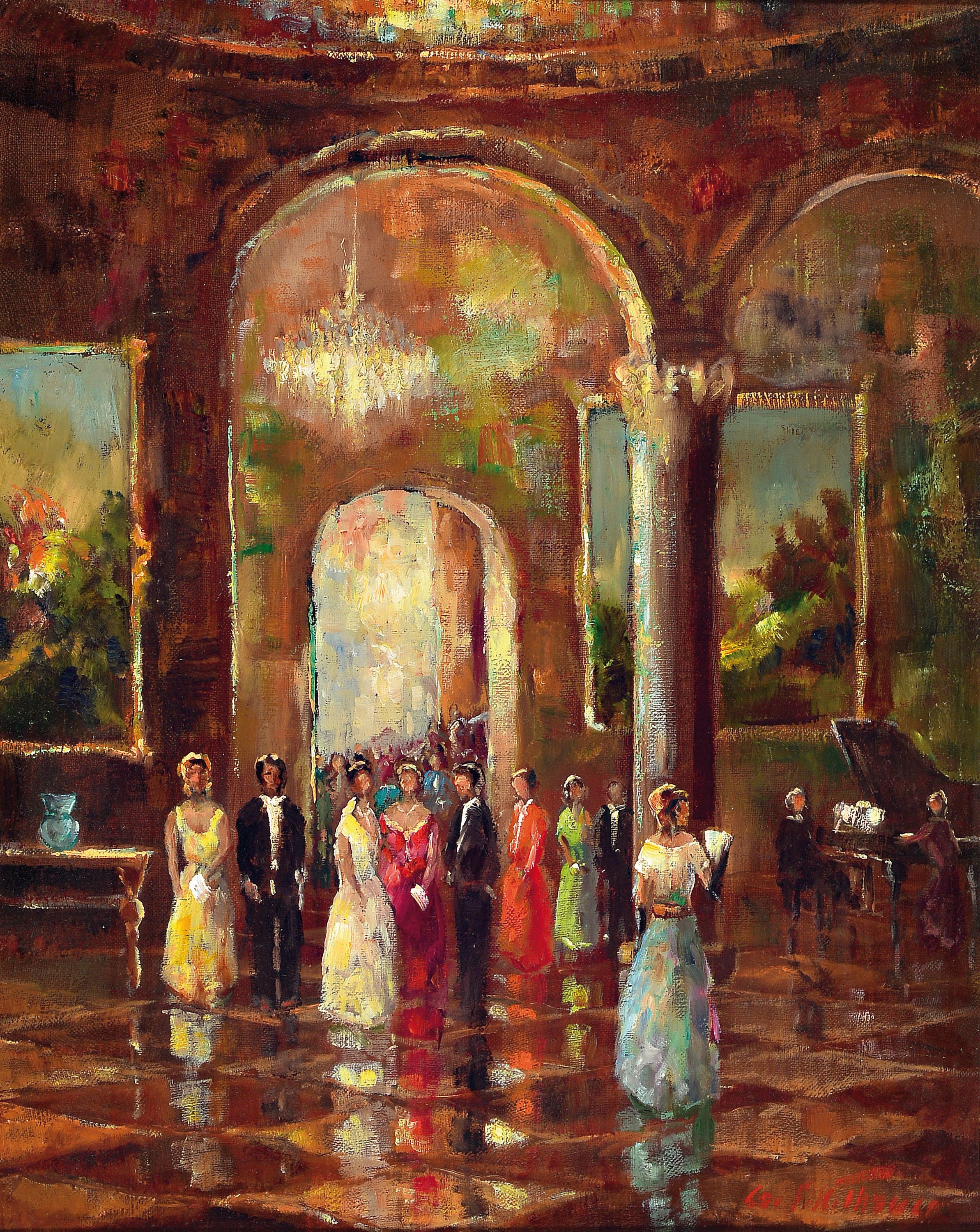 Friedrich Karl Thauer, 1924-2009, Schüler von Prof. Metz und Hagenmüller in München, später Studium bei Kokoschka, hier: vielfigurige Ballszene, ...