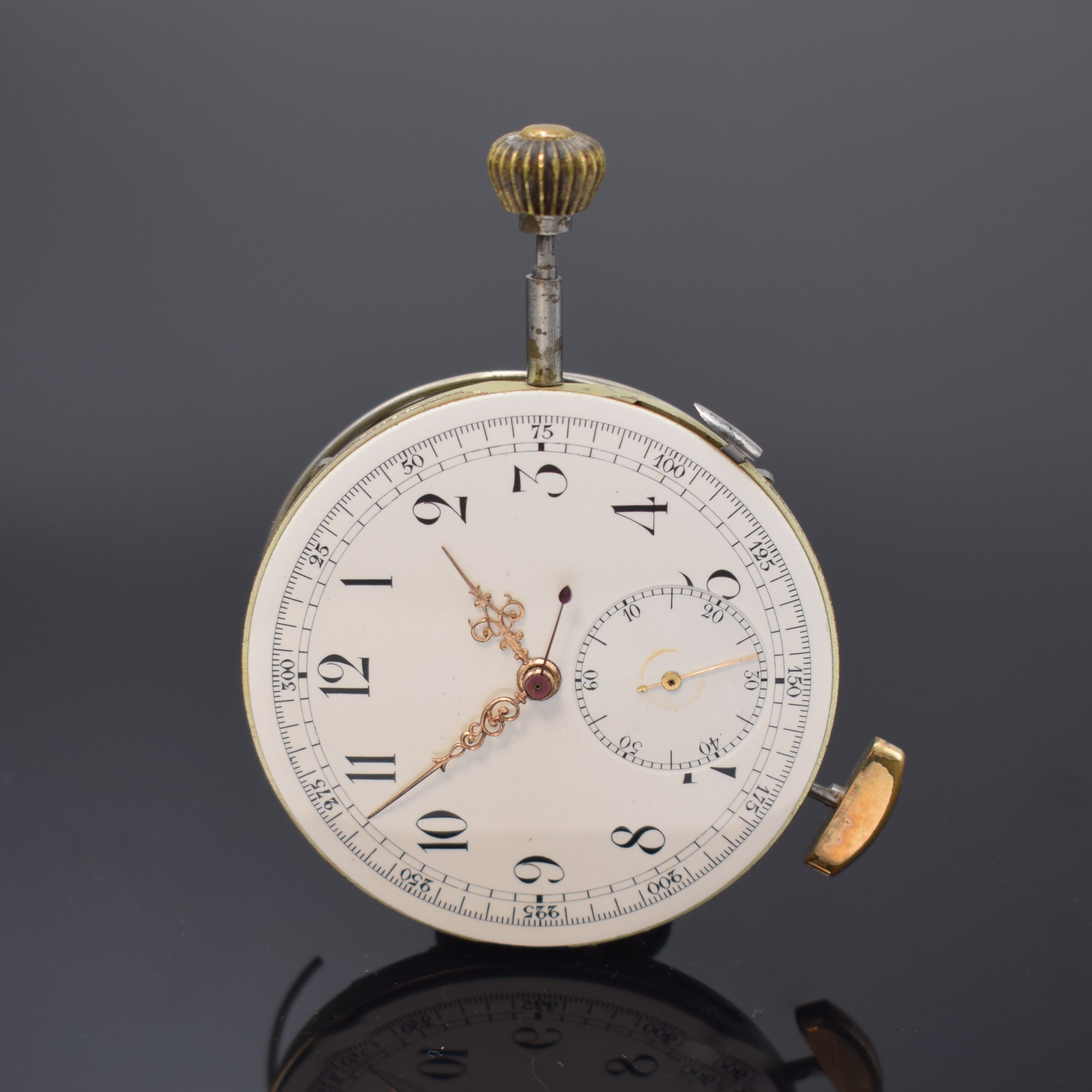 Detail a: Taschenuhrwerk mit 1/4 Std.-Repetition und Chronograph, Schweiz um 1900, Emailzifferbl. m. arab. Zahlen, kl. Sek., gold. Zeiger, Werk m. Komp.-Unr., ...