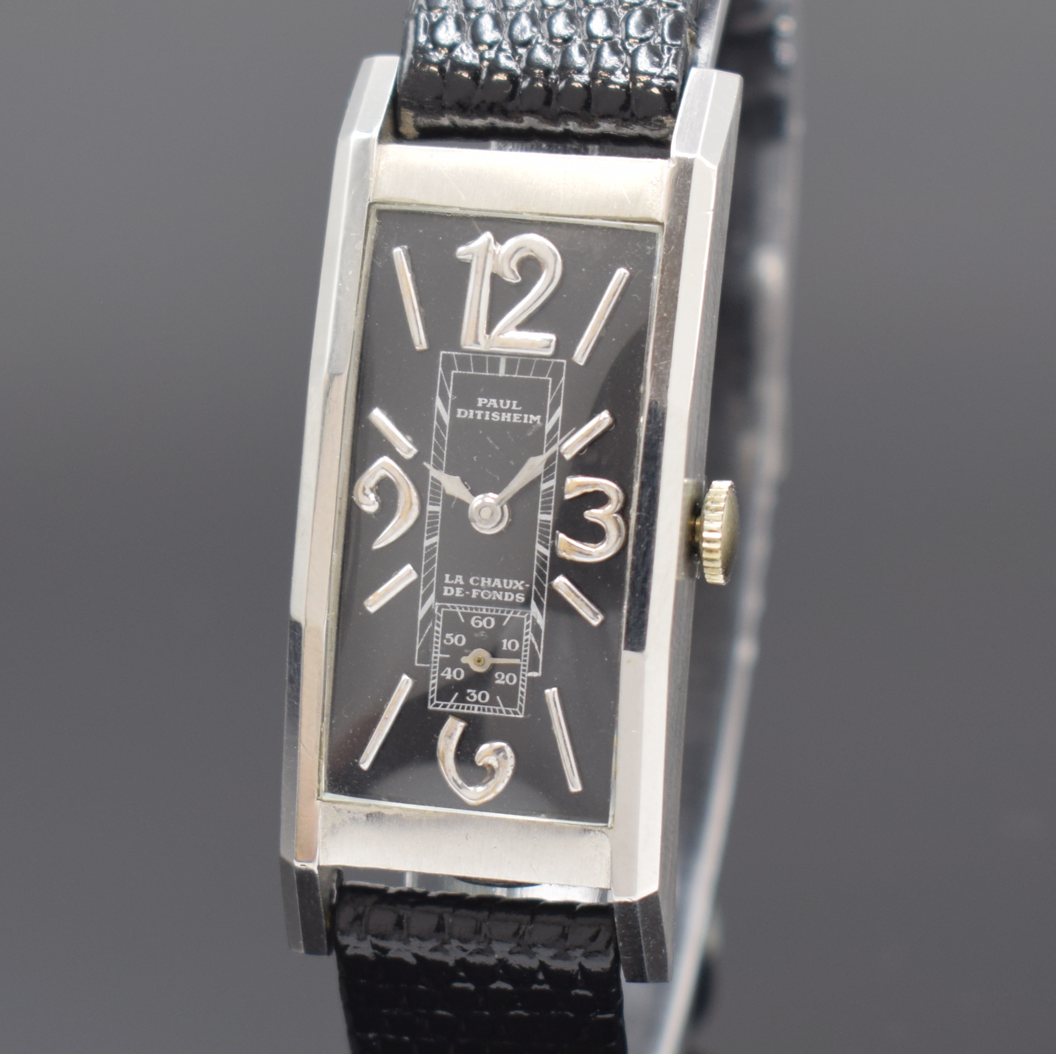 Detail a: PAUL DITISHEIM / SOLVIL Armbanduhr in Platin, Schweiz um 1940, Handaufzug, Geh. 10% Irid. Plat., Boden aufgedr., schwarzes Zifferbl. rest., Kal. 735, ...