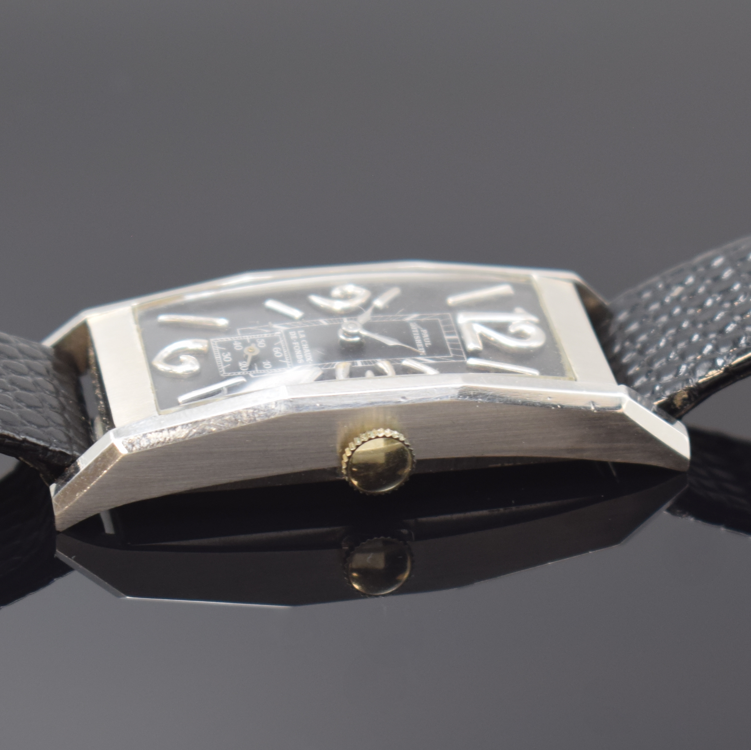 Detail b: PAUL DITISHEIM / SOLVIL Armbanduhr in Platin, Schweiz um 1940, Handaufzug, Geh. 10% Irid. Plat., Boden aufgedr., schwarzes Zifferbl. rest., Kal. 735, ...