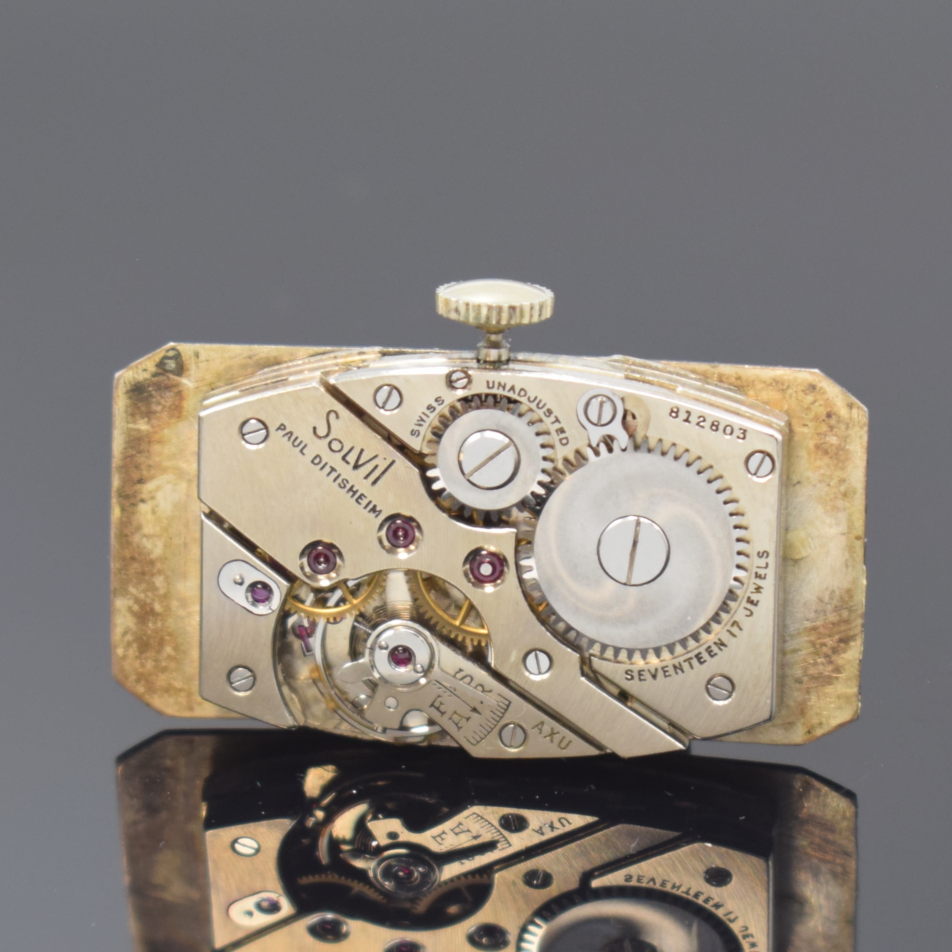 Detail e: PAUL DITISHEIM / SOLVIL Armbanduhr in Platin, Schweiz um 1940, Handaufzug, Geh. 10% Irid. Plat., Boden aufgedr., schwarzes Zifferbl. rest., Kal. 735, ...