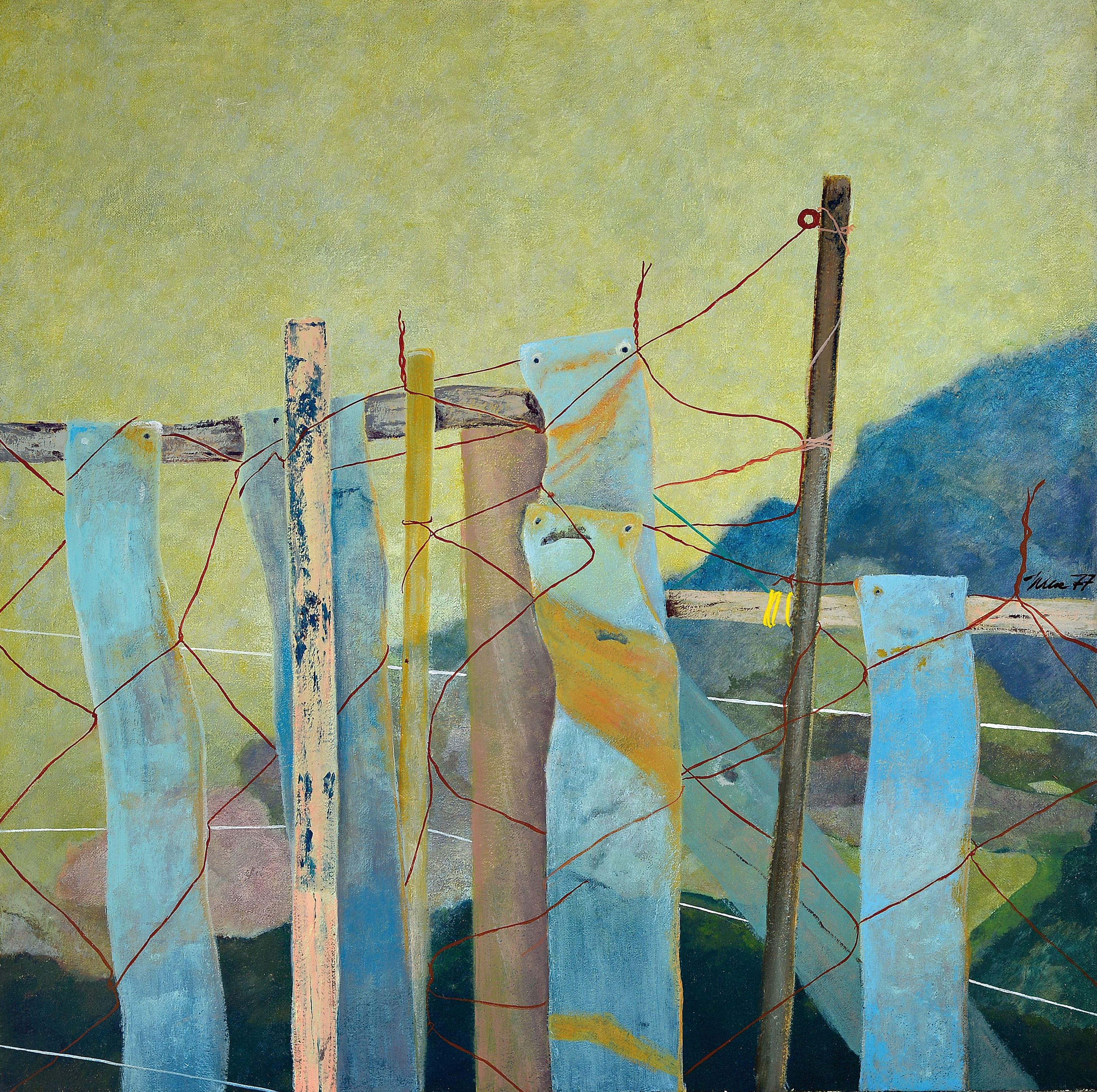 Ch. Klose, Künstler der Moderne, Komposition eines Zaunes in Landschaft, 1977, signiert und datiert, Öl/Lwd, 84x83 cm