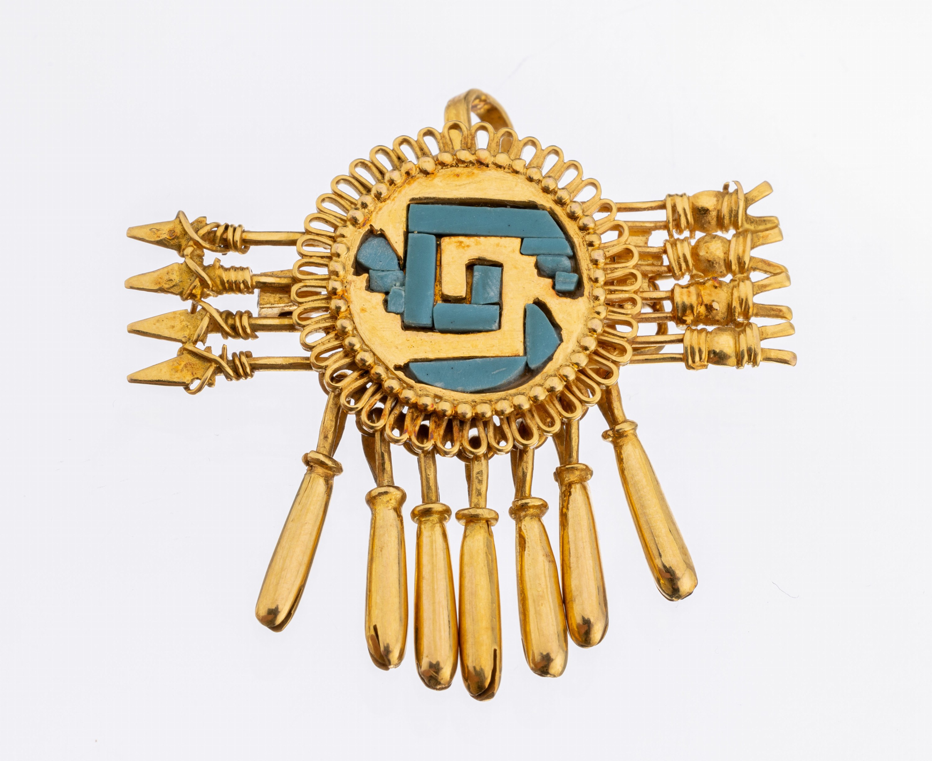 14 kt Gold Türkis-Brosche/Anhänger, GG 585/000, abstrakte Darstellung einer Zielscheibe, mit Pfeilen und abhängenden Köchern, ca. 6.1 g