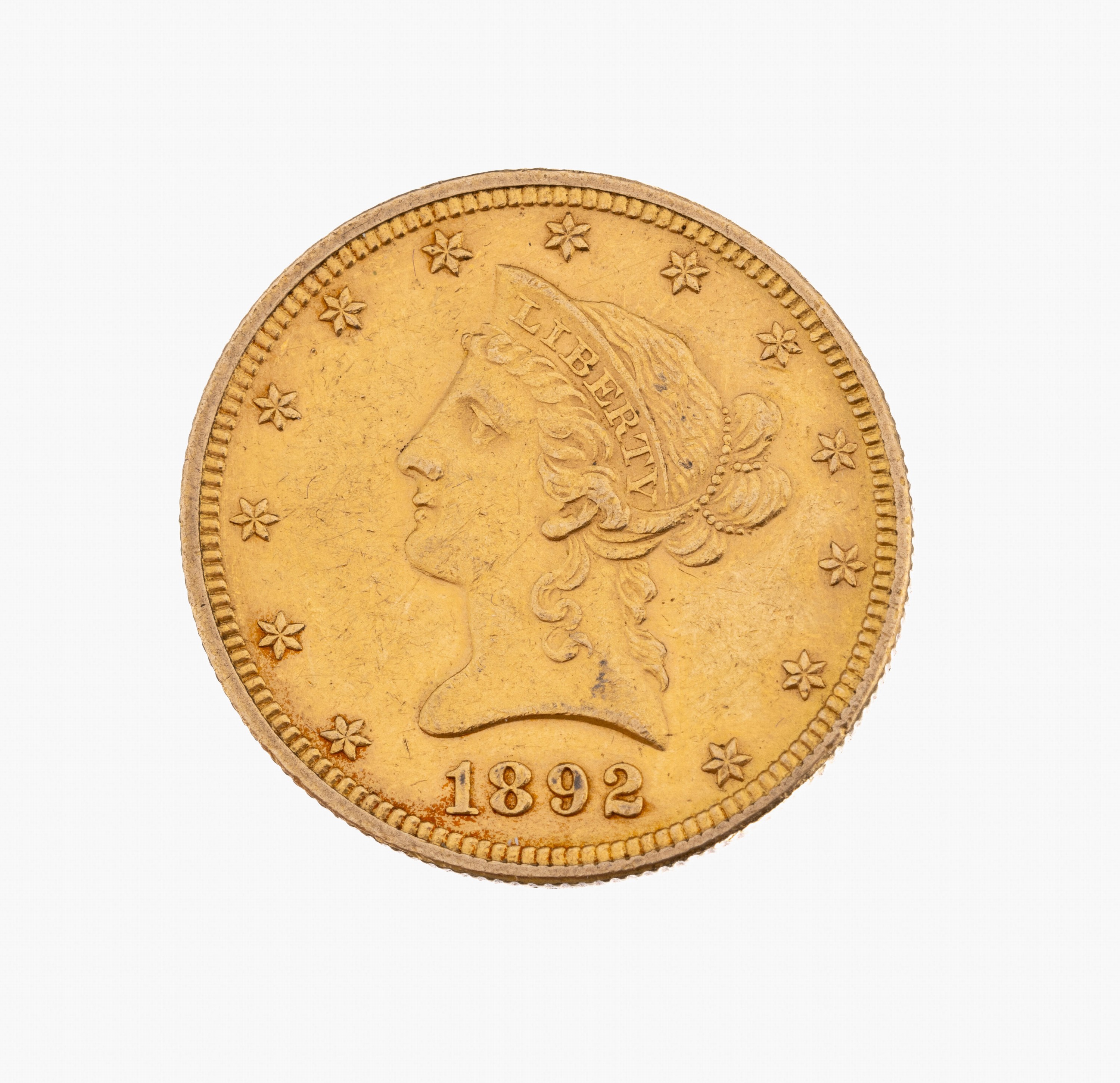 Goldmünze, 10 Dollar, USA 1892, Lady Liberty, RV: Seeadler mit Pfeilen und Olivenzweigen
