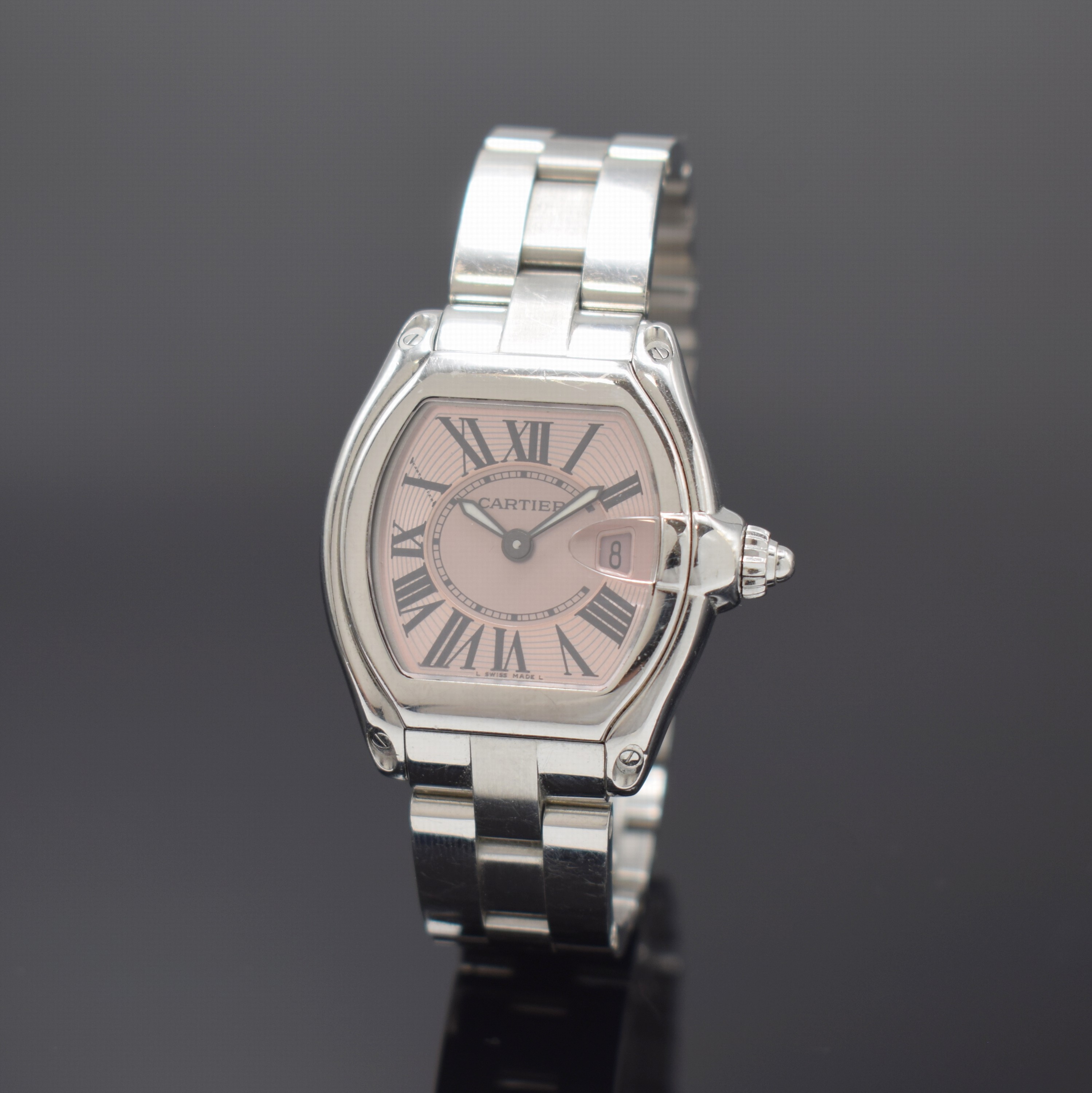 CARTIER Roadster Armbanduhr in Stahl Referenz 2675, Schweiz um 2005, quarz, orig. Gliederband m. dopp. Faltschl., Boden 4-fach verschr., kupferfarb. ...