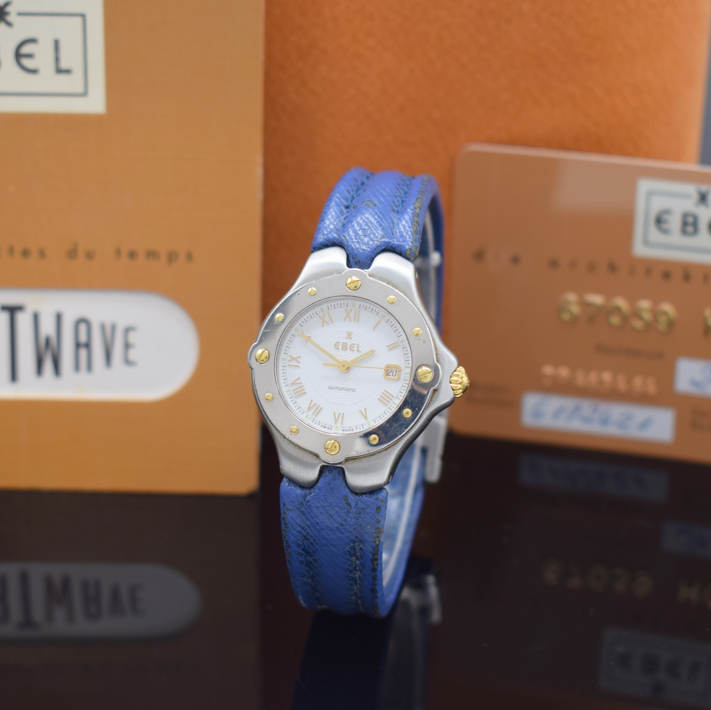 EBEL Damenarmbanduhr Sportwave Referenz 6172621, Schweiz verk. lt. beil. Pap. 01/1998, Automatik, Edelstahlgeh. inkl. orig. Lederband m. Faltschl. ...